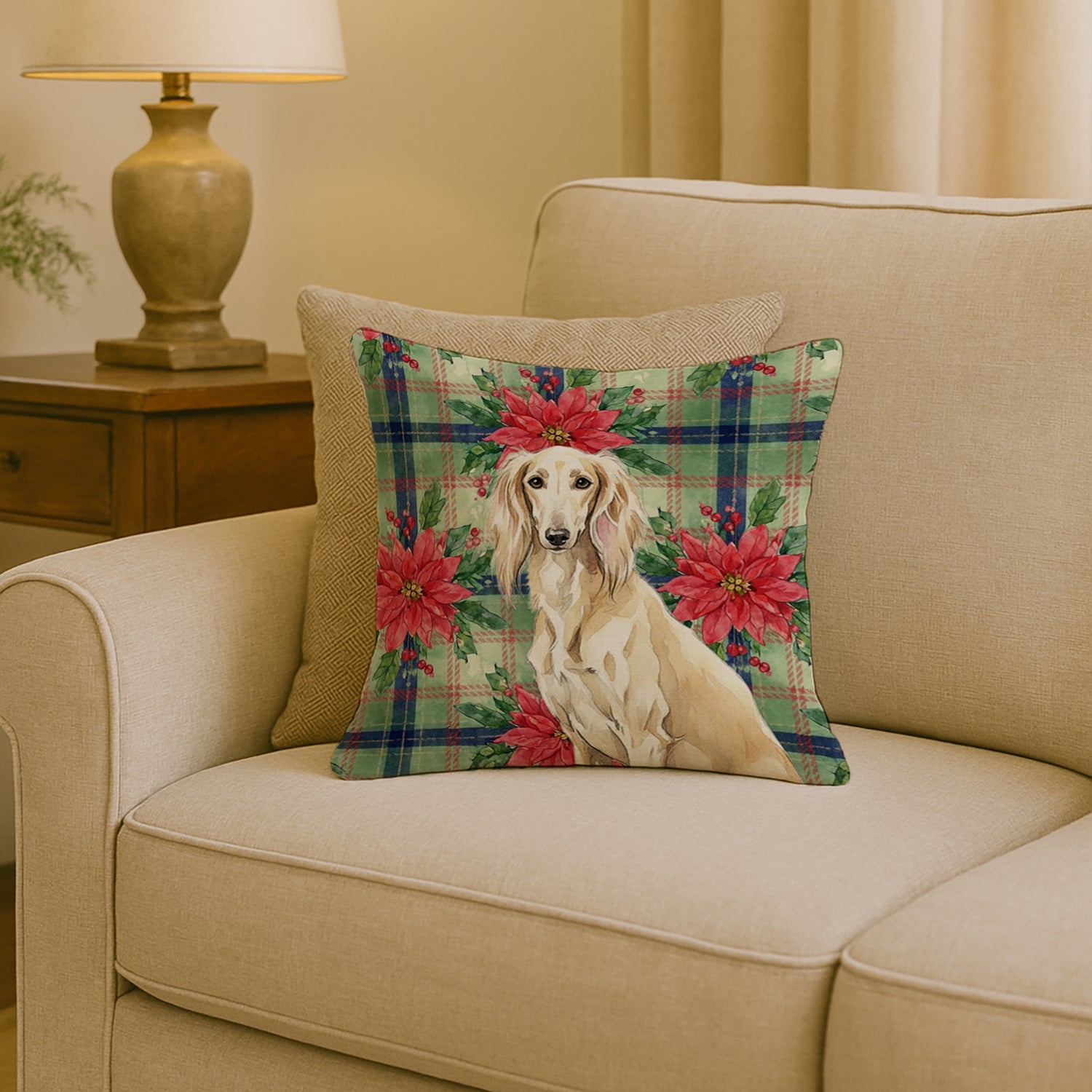 Cream Saluki Christmas PoinsettIas Decorative Throw Pillow 18x18 Indoor Outdoor Accent Cushion, Fabric Cover with Insert for Sofa, Bed, Porch & Living Room