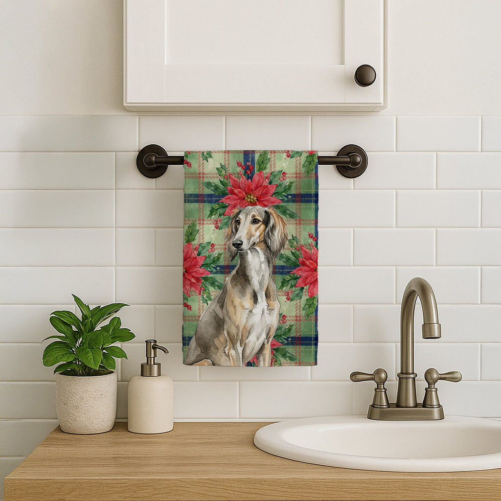 Grizzle Saluki Christmas PoinsettIas Kitchen Towel Velour Plush Front and Cotton Loop Back Machine Washable