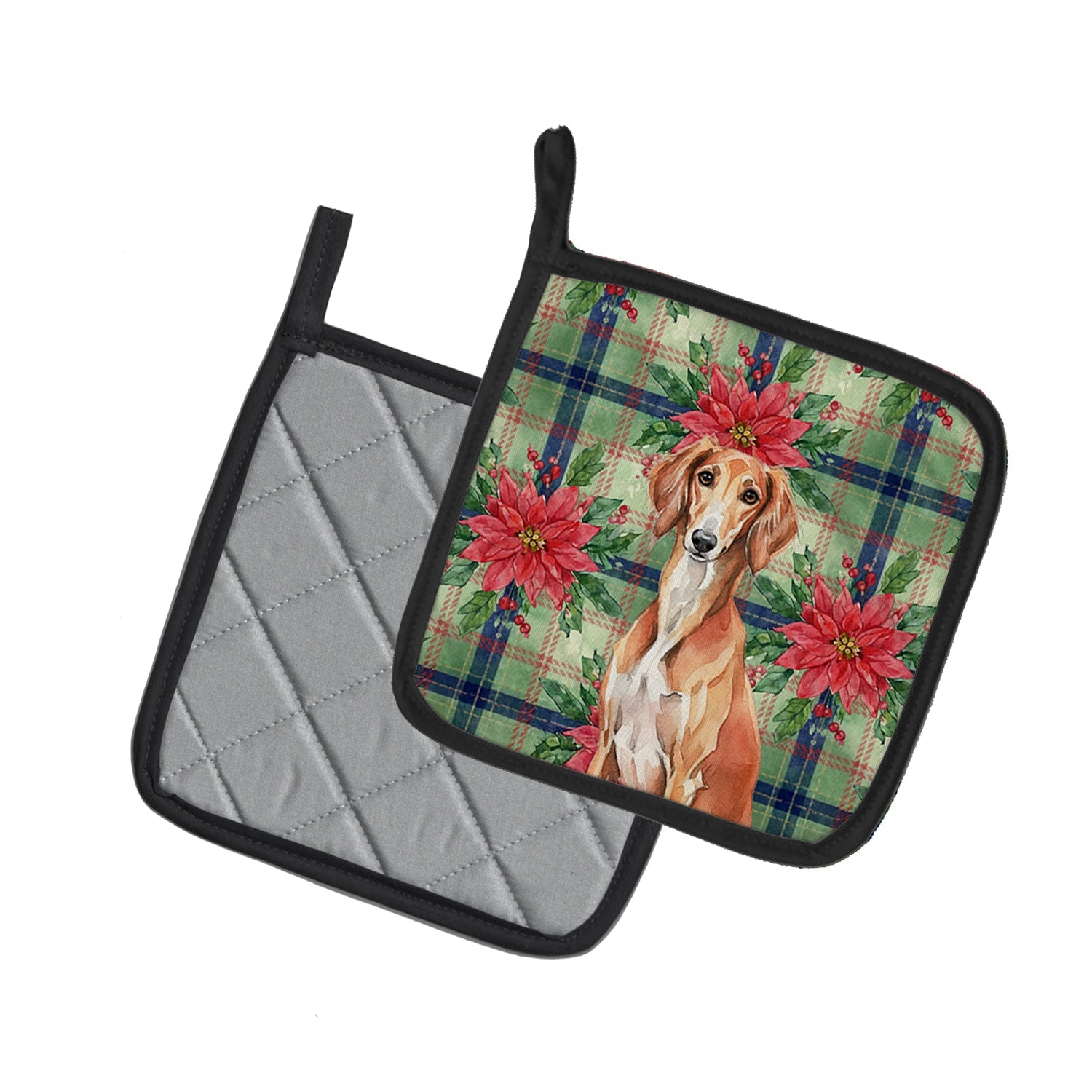 Red Saluki Christmas PoinsettIas Pot Holder Set of 2 Heat Resistant Quilted Hot Pads 7.5 x 7.5 Inch, Insulated Kitchen Trivets for Cooking & Baking