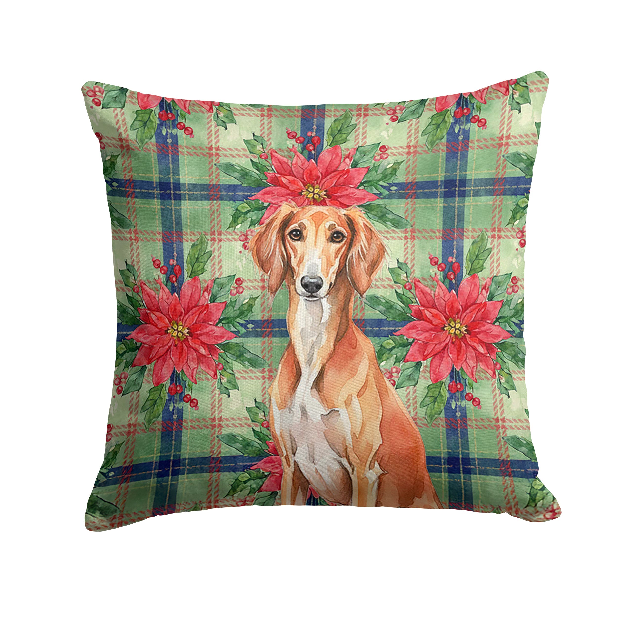 Red Saluki Christmas PoinsettIas Decorative Throw Pillow 14x14 Indoor Outdoor Accent Cushion, Fabric Cover with Insert for Sofa, Bed, Porch & Living Room