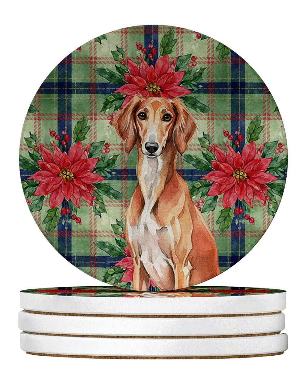 Red Saluki Christmas PoinsettIas Large Sandstone Coasters Pack of 4 Absorbent Round Coasters Decor Gifts for Men or Women, 4 in, Multicolor