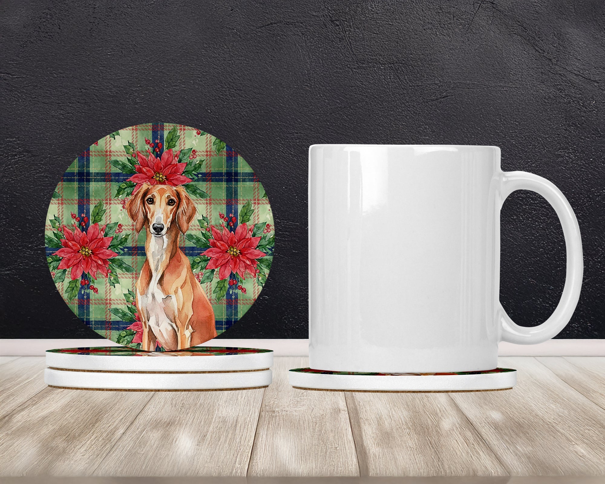 Red Saluki Christmas PoinsettIas Large Sandstone Coasters Pack of 4 Absorbent Round Coasters Decor Gifts for Men or Women, 4 in, Multicolor