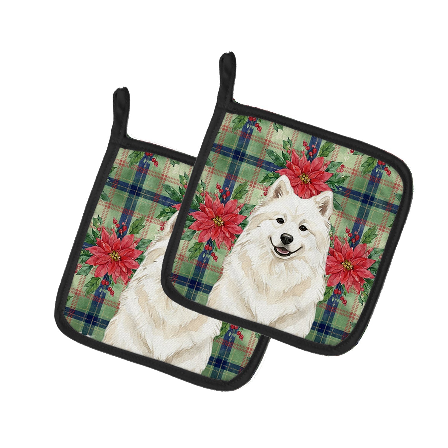 Cream Samoyed Christmas PoinsettIas Pot Holder Set of 2 Heat Resistant Quilted Hot Pads 7.5 x 7.5 Inch, Insulated Kitchen Trivets for Cooking & Baking
