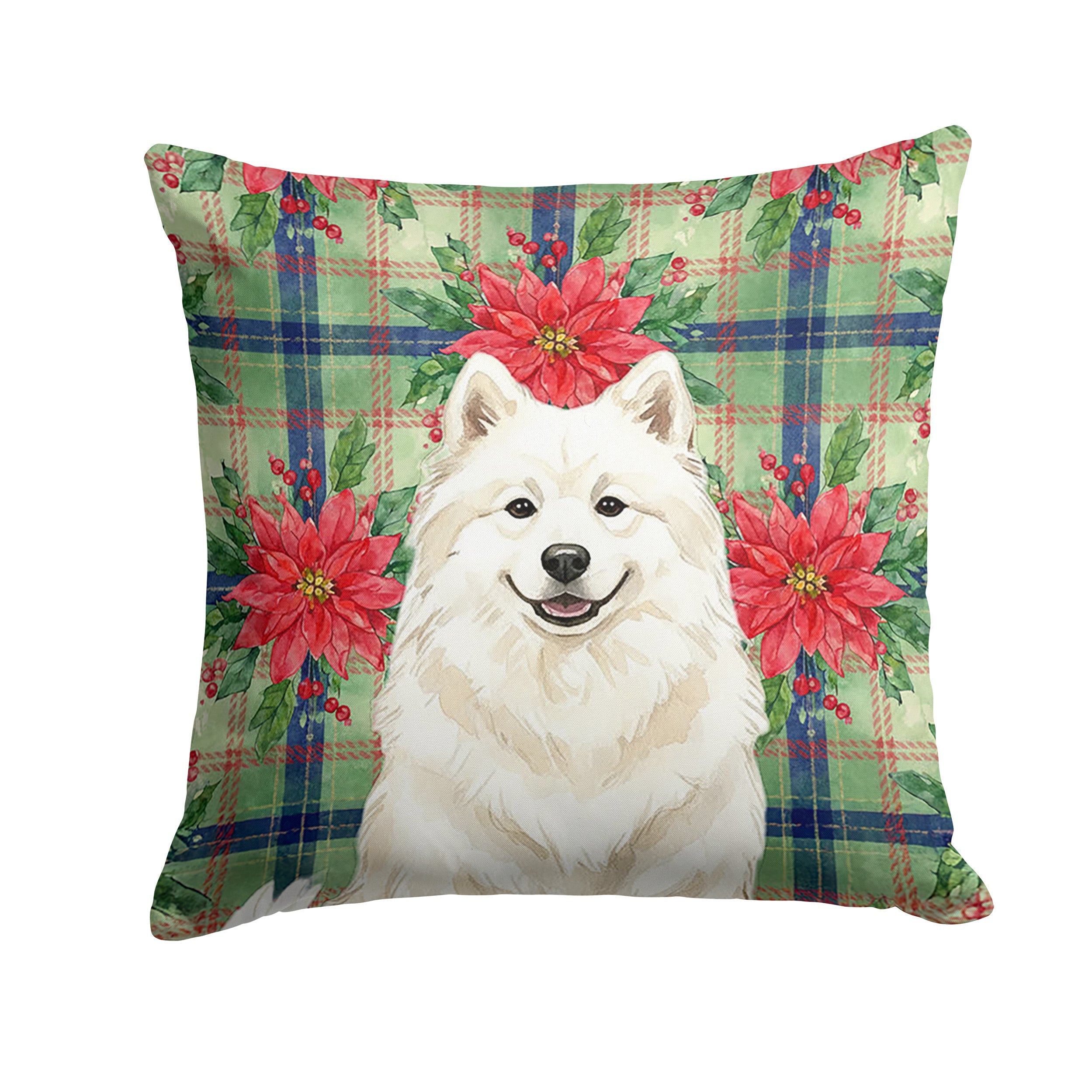 Cream Samoyed Christmas PoinsettIas Decorative Throw Pillow 14x14 Indoor Outdoor Accent Cushion, Fabric Cover with Insert for Sofa, Bed, Porch & Living Room