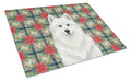 White Samoyed Christmas PoinsettIas Cutting Board Tempered Glass Kitchen Cutting Surface, Heat Resistant Chopping, Non-Slip Feet, Food Prep & Serving