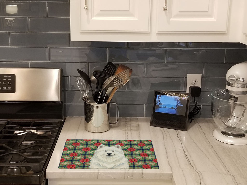 White Samoyed Christmas PoinsettIas Cutting Board Tempered Glass Kitchen Cutting Surface, Heat Resistant Chopping, Non-Slip Feet, Food Prep & Serving