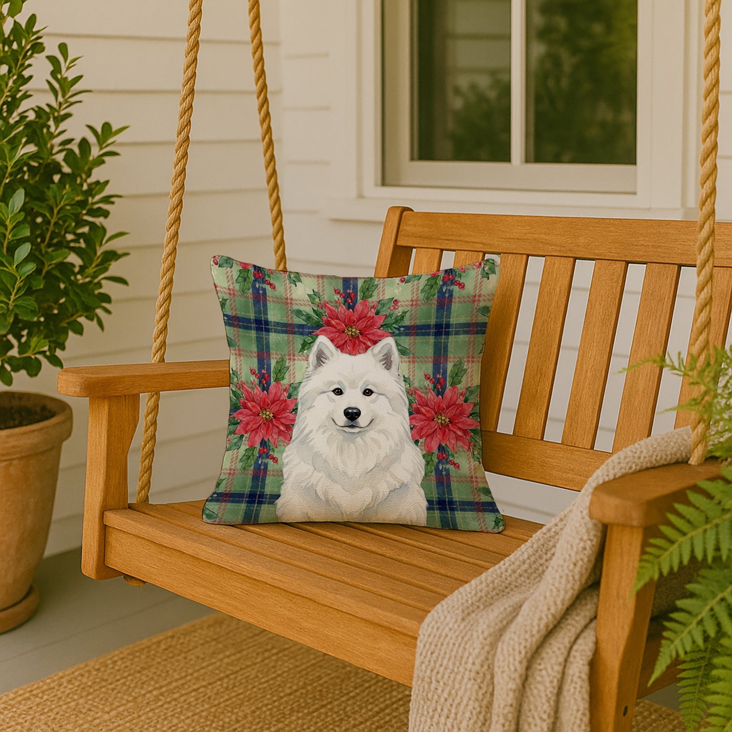 White Samoyed Christmas PoinsettIas Decorative Throw Pillow 18x18 Indoor Outdoor Accent Cushion, Fabric Cover with Insert for Sofa, Bed, Porch & Living Room