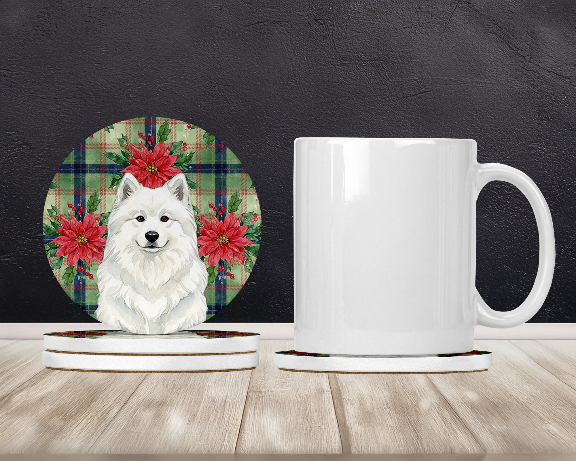 White Samoyed Christmas PoinsettIas Large Sandstone Coasters Pack of 4 Absorbent Round Coasters Decor Gifts for Men or Women, 4 in, Multicolor