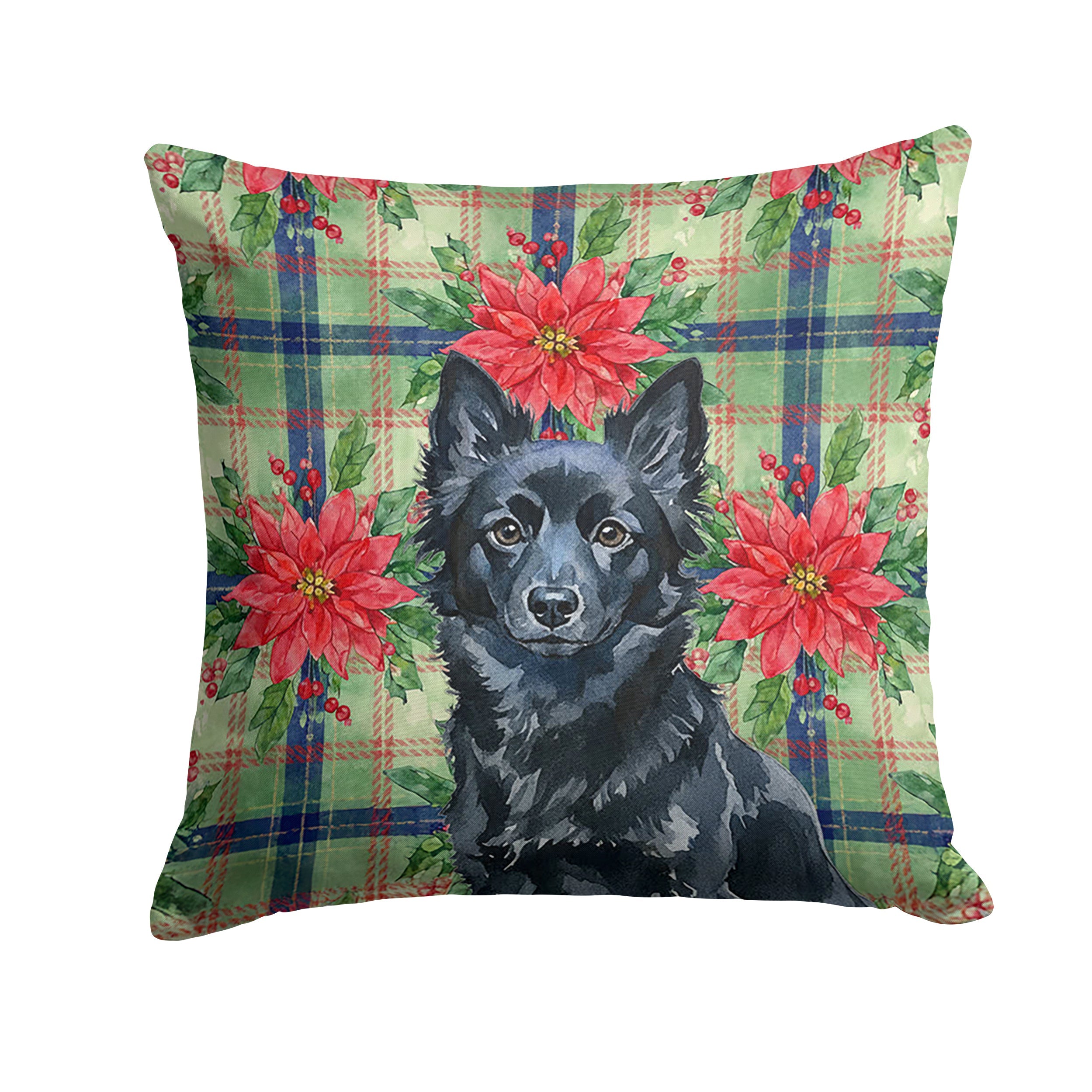 Schipperke Christmas PoinsettIas Decorative Throw Pillow 14x14 Indoor Outdoor Accent Cushion, Fabric Cover with Insert for Sofa, Bed, Porch & Living Room