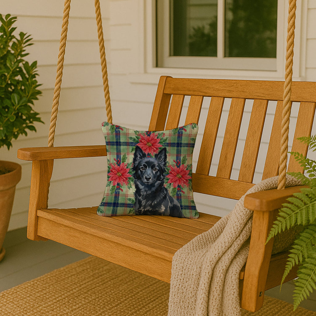 Schipperke Christmas PoinsettIas Decorative Throw Pillow 14x14 Indoor Outdoor Accent Cushion, Fabric Cover with Insert for Sofa, Bed, Porch & Living Room