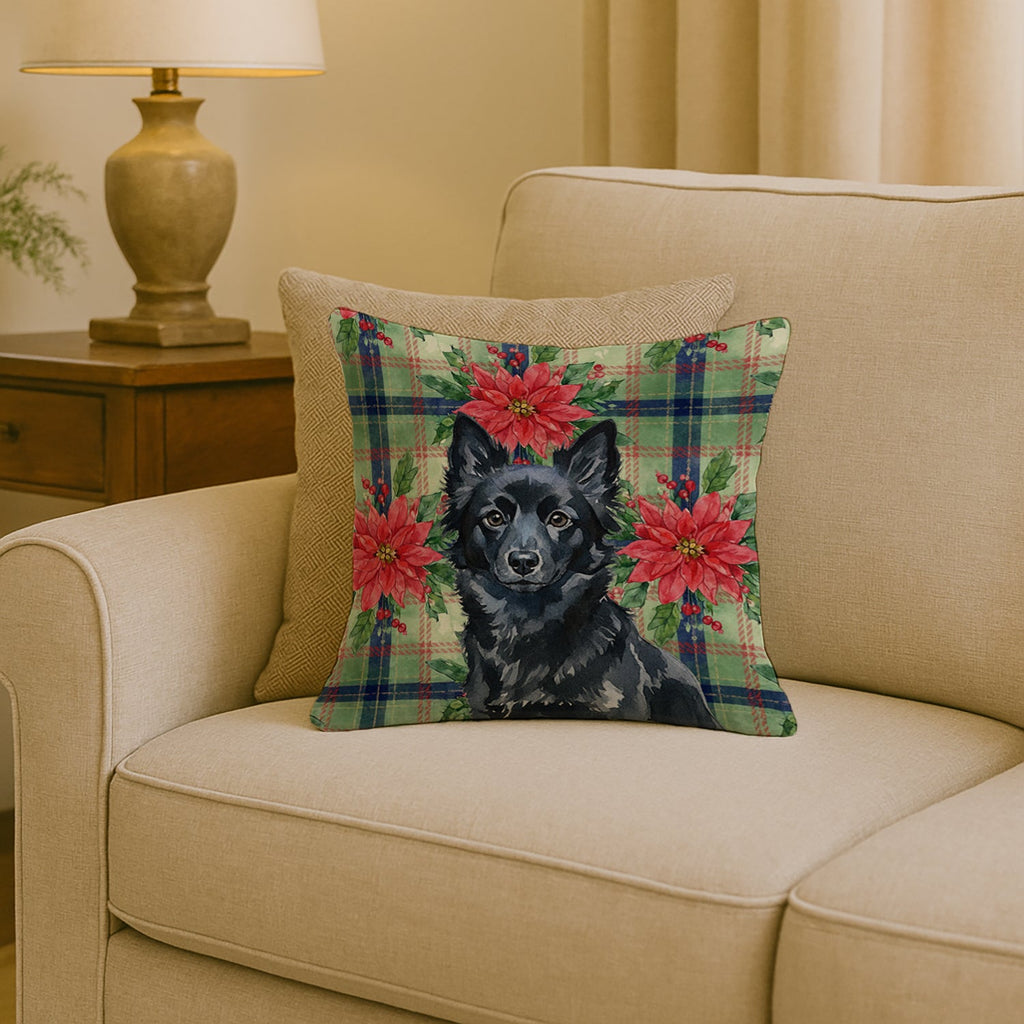 Schipperke Christmas PoinsettIas Decorative Throw Pillow 18x18 Indoor Outdoor Accent Cushion, Fabric Cover with Insert for Sofa, Bed, Porch & Living Room