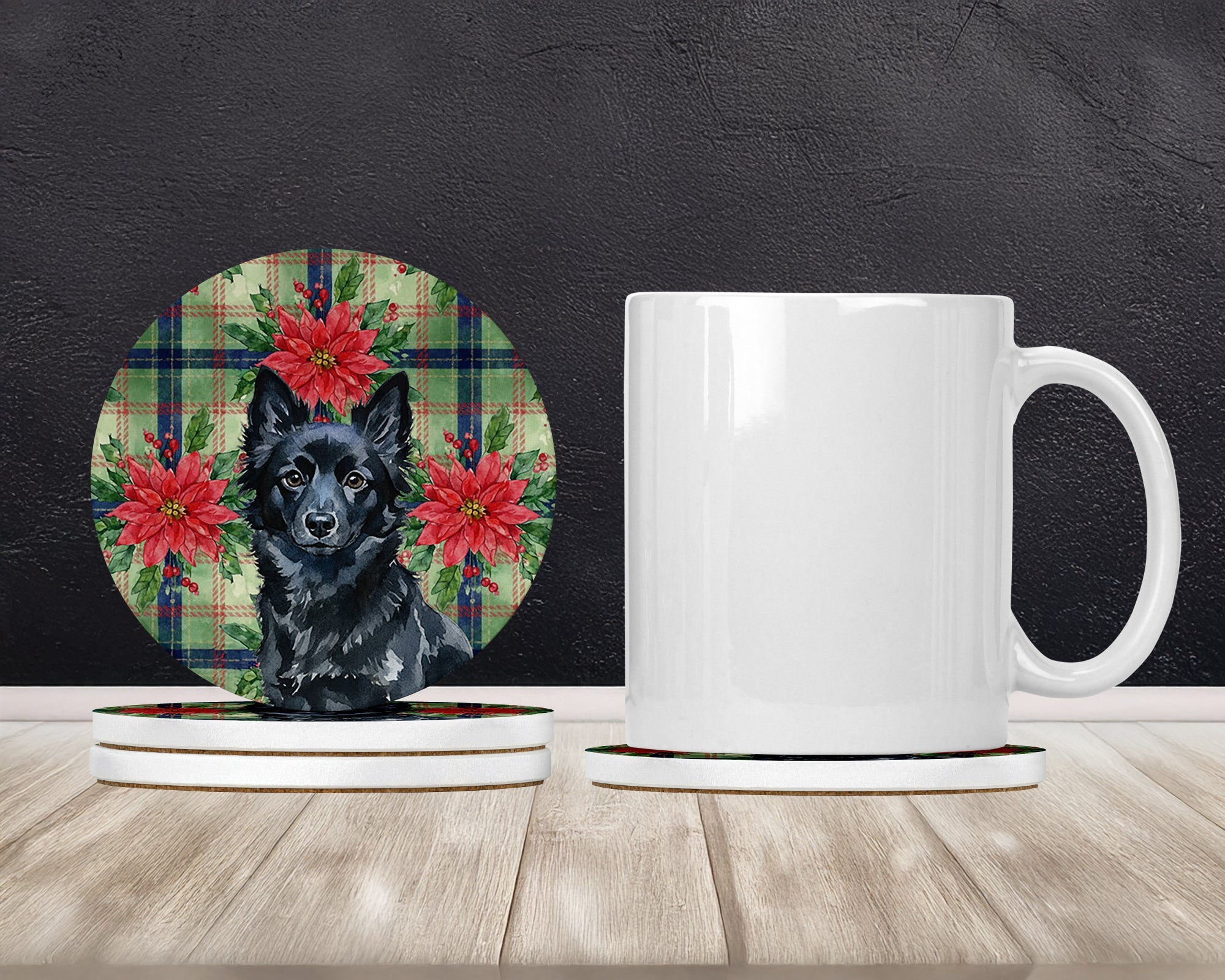 Schipperke Christmas PoinsettIas Large Sandstone Coasters Pack of 4 Absorbent Round Coasters Decor Gifts for Men or Women, 4 in, Multicolor
