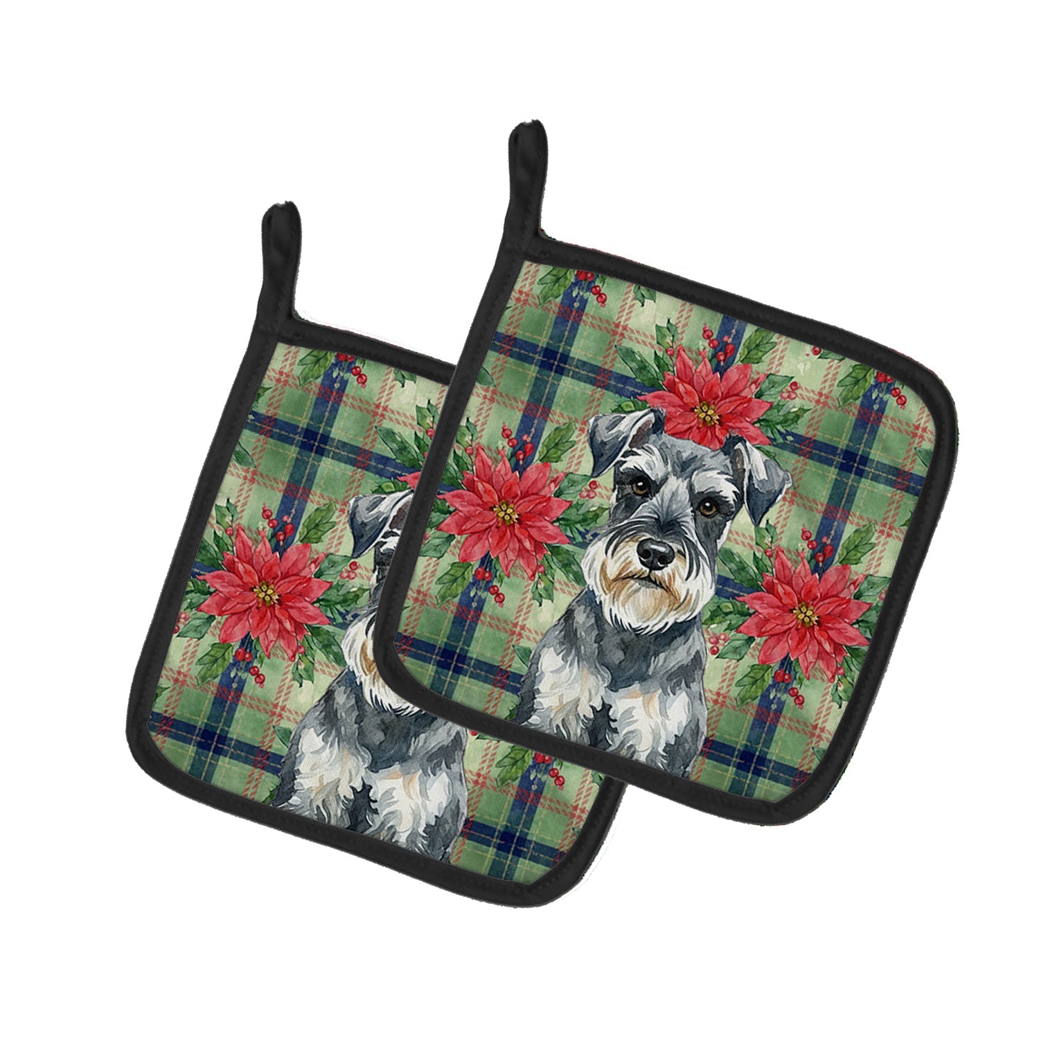 Schnauzer Christmas PoinsettIas Pot Holder Set of 2 Heat Resistant Quilted Hot Pads 7.5 x 7.5 Inch, Insulated Kitchen Trivets for Cooking & Baking