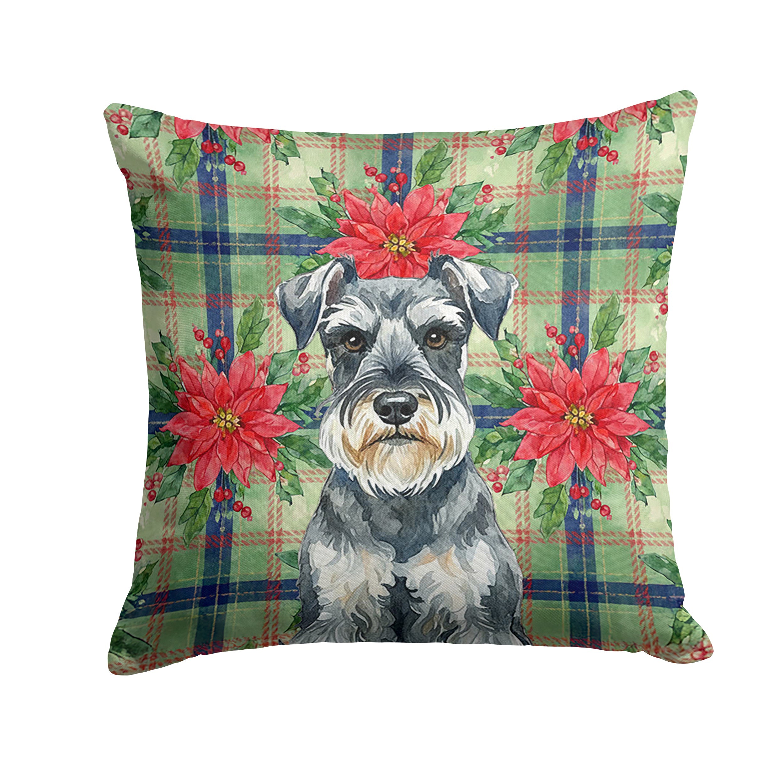 Schnauzer Christmas PoinsettIas Decorative Throw Pillow 14x14 Indoor Outdoor Accent Cushion, Fabric Cover with Insert for Sofa, Bed, Porch & Living Room