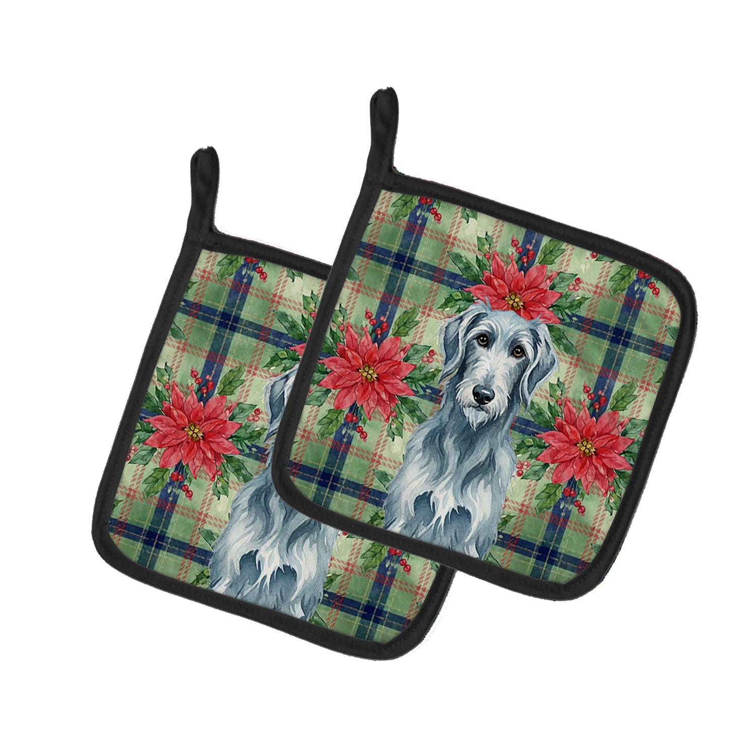 Blue-Gray Scottish Deerhound Christmas PoinsettIas Pot Holder Set of 2 Heat Resistant Quilted Hot Pads 7.5 x 7.5 Inch, Insulated Kitchen Trivets for Cooking & Baking