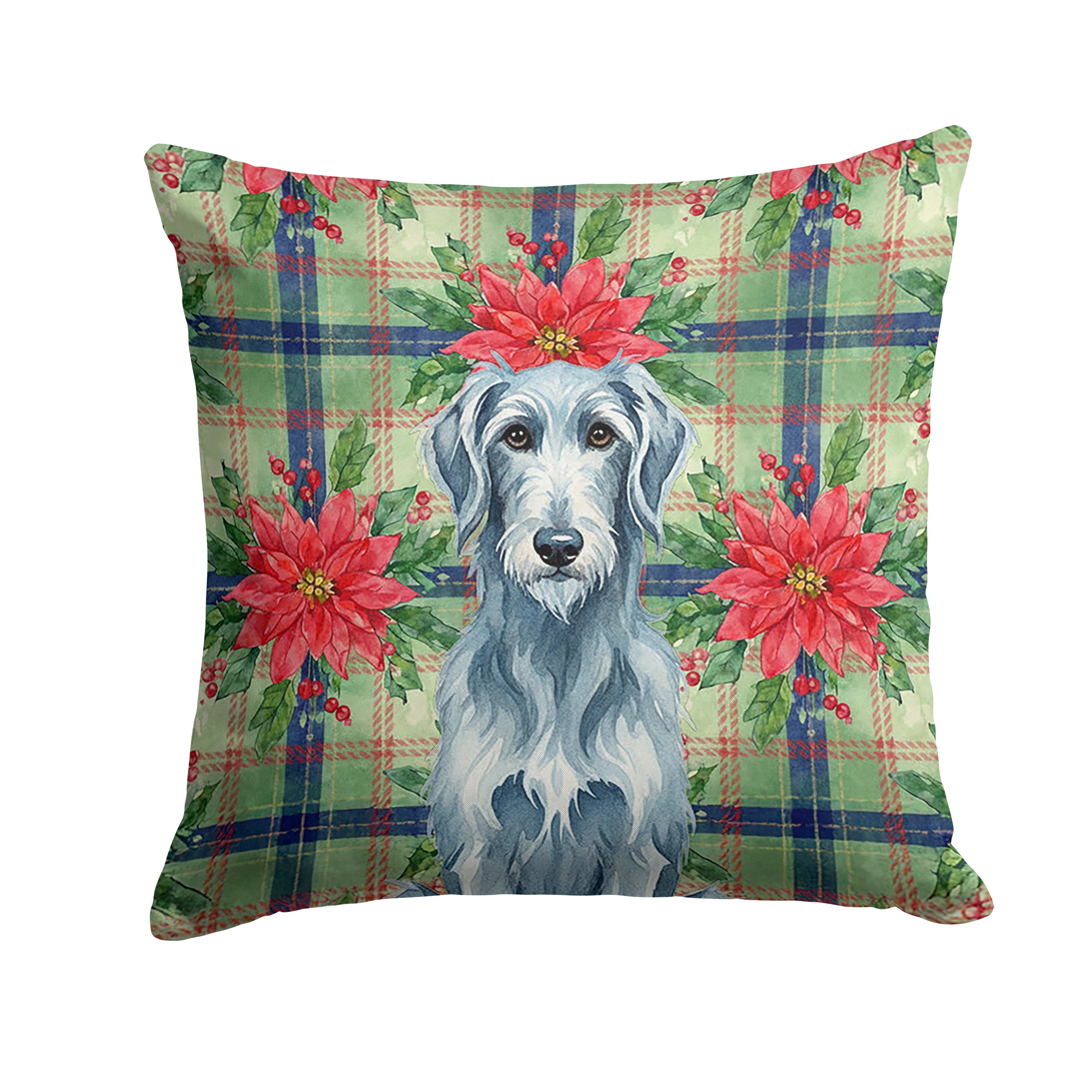 Blue-Gray Scottish Deerhound Christmas PoinsettIas Decorative Throw Pillow 18x18 Indoor Outdoor Accent Cushion, Fabric Cover with Insert for Sofa, Bed, Porch & Living Room