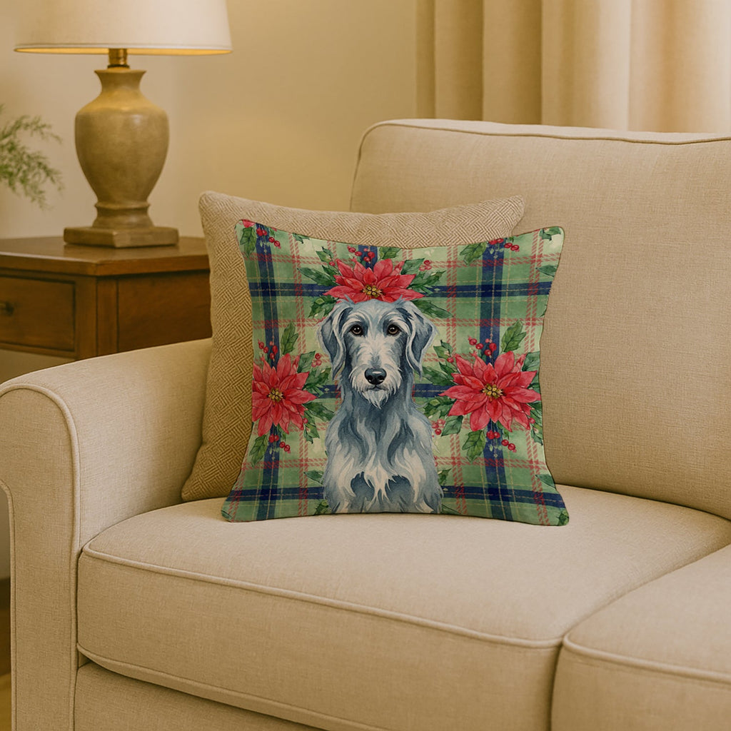 Blue-Gray Scottish Deerhound Christmas PoinsettIas Decorative Throw Pillow 18x18 Indoor Outdoor Accent Cushion, Fabric Cover with Insert for Sofa, Bed, Porch & Living Room
