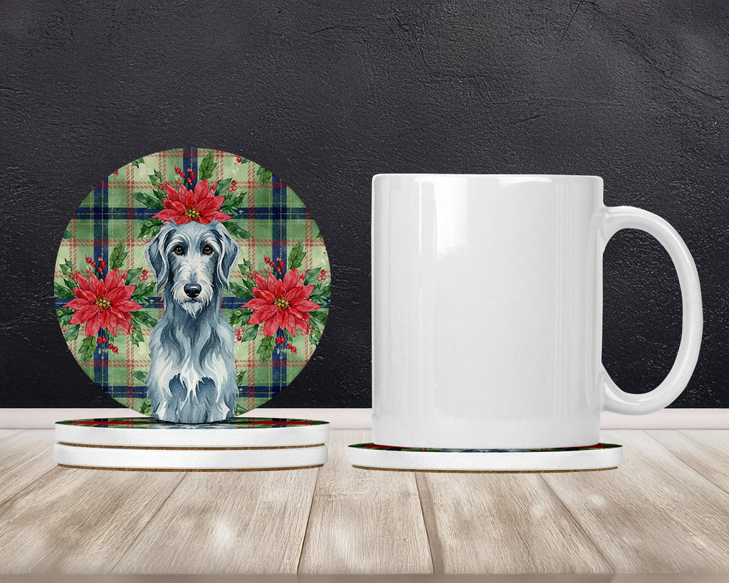 Blue-Gray Scottish Deerhound Christmas PoinsettIas Large Sandstone Coasters Pack of 4 Absorbent Round Coasters Decor Gifts for Men or Women, 4 in, Multicolor