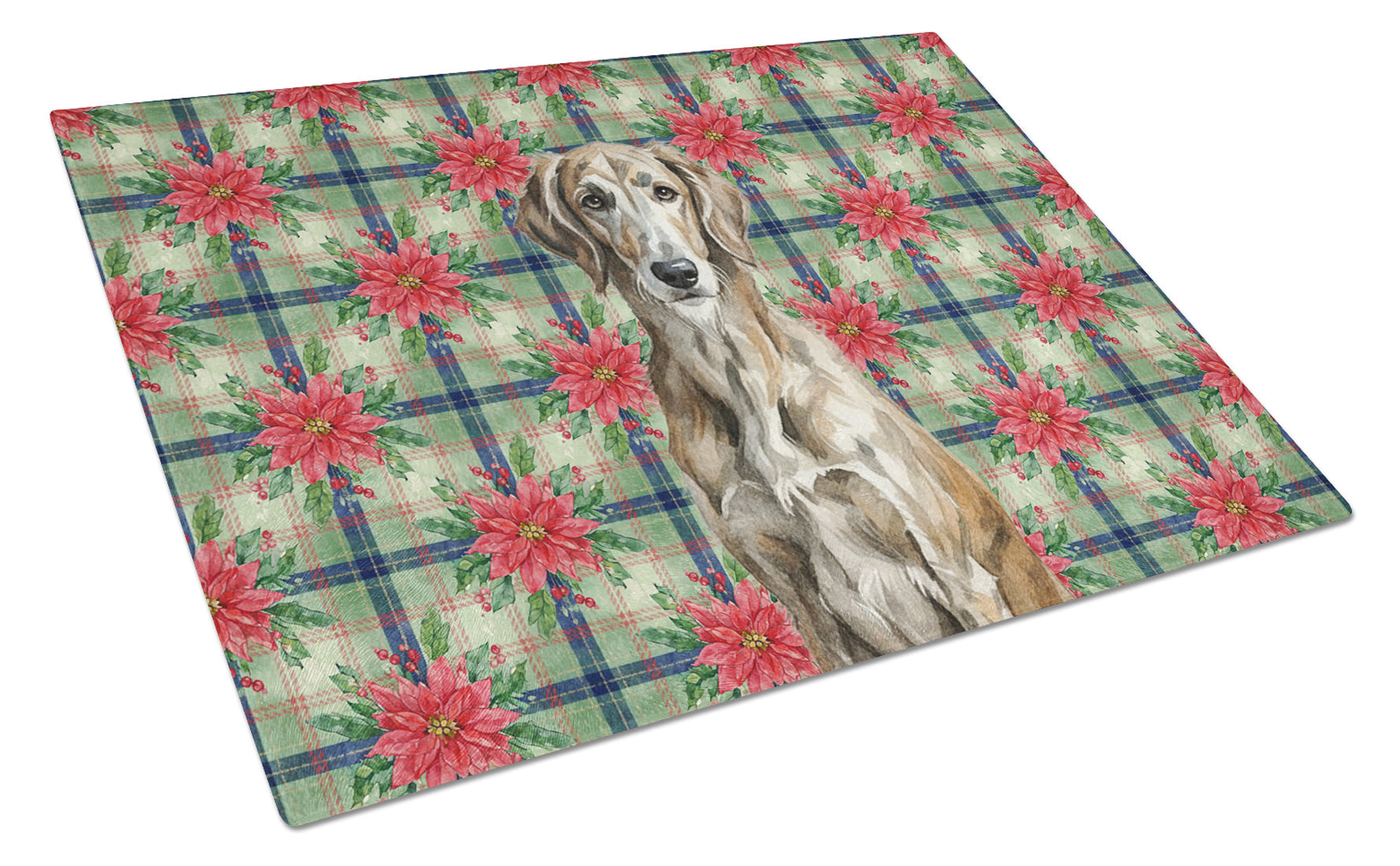 Brindle Scottish Deerhound Christmas PoinsettIas Cutting Board Tempered Glass Kitchen Cutting Surface, Heat Resistant Chopping, Non-Slip Feet, Food Prep & Serving