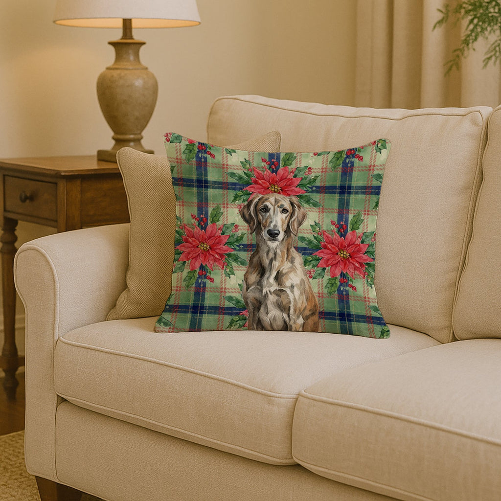 Brindle Scottish Deerhound Christmas PoinsettIas Decorative Throw Pillow 14x14 Indoor Outdoor Accent Cushion, Fabric Cover with Insert for Sofa, Bed, Porch & Living Room