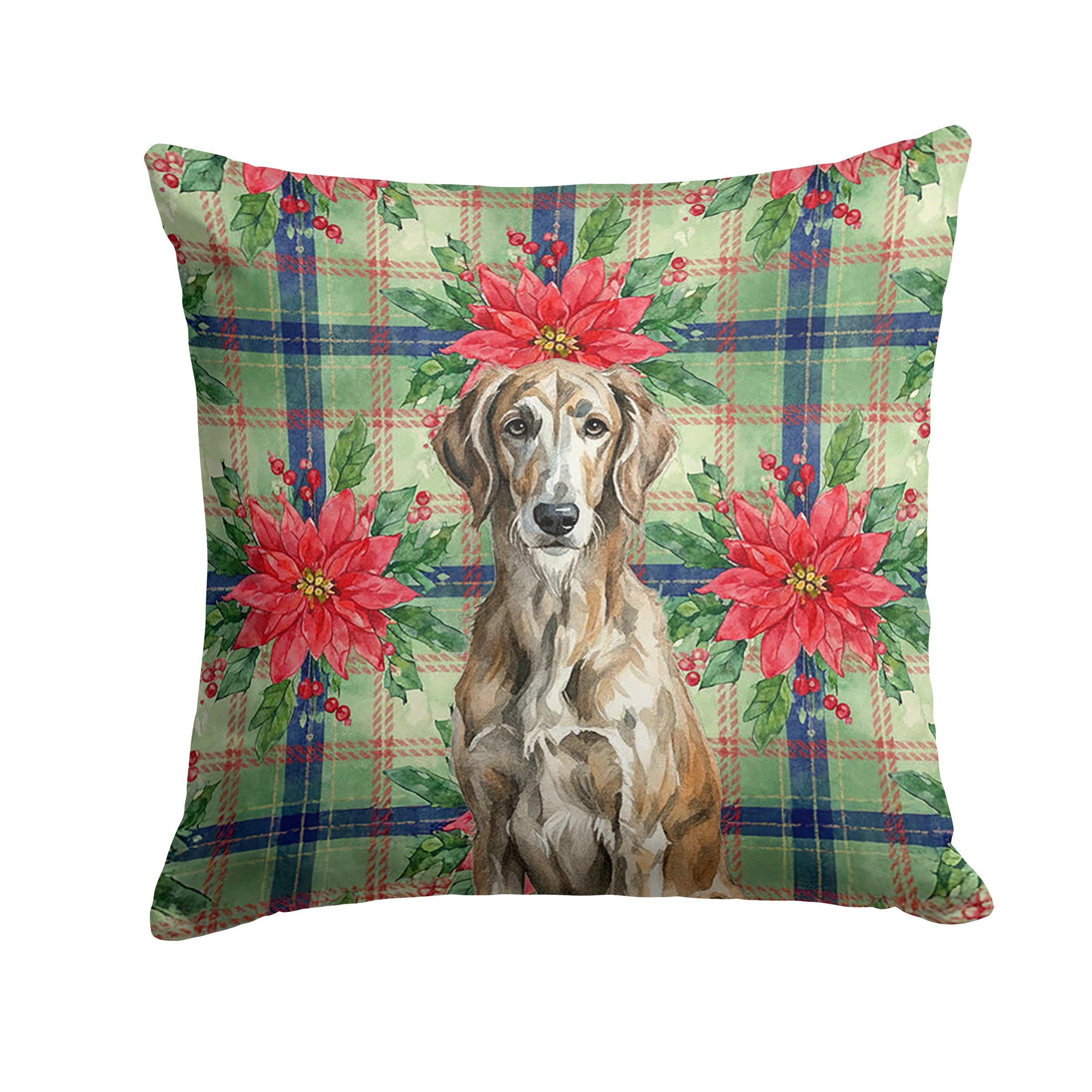 Brindle Scottish Deerhound Christmas PoinsettIas Decorative Throw Pillow 18x18 Indoor Outdoor Accent Cushion, Fabric Cover with Insert for Sofa, Bed, Porch & Living Room
