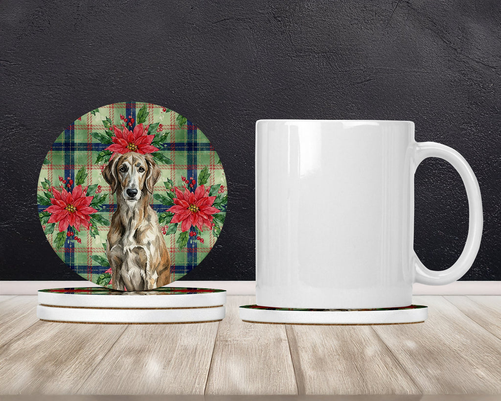 Brindle Scottish Deerhound Christmas PoinsettIas Large Sandstone Coasters Pack of 4 Absorbent Round Coasters Decor Gifts for Men or Women, 4 in, Multicolor