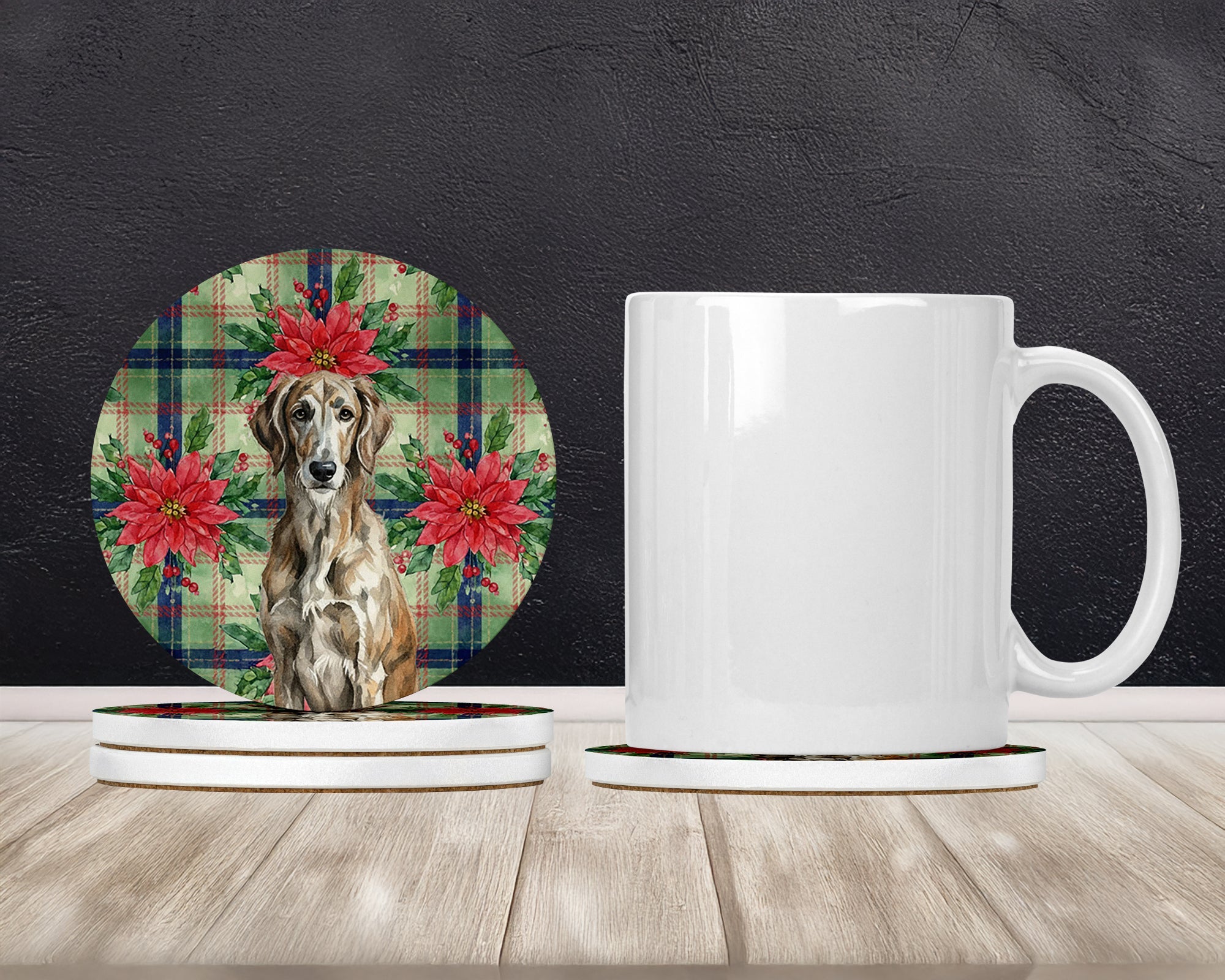 Brindle Scottish Deerhound Christmas PoinsettIas Large Sandstone Coasters Pack of 4 Absorbent Round Coasters Decor Gifts for Men or Women, 4 in, Multicolor