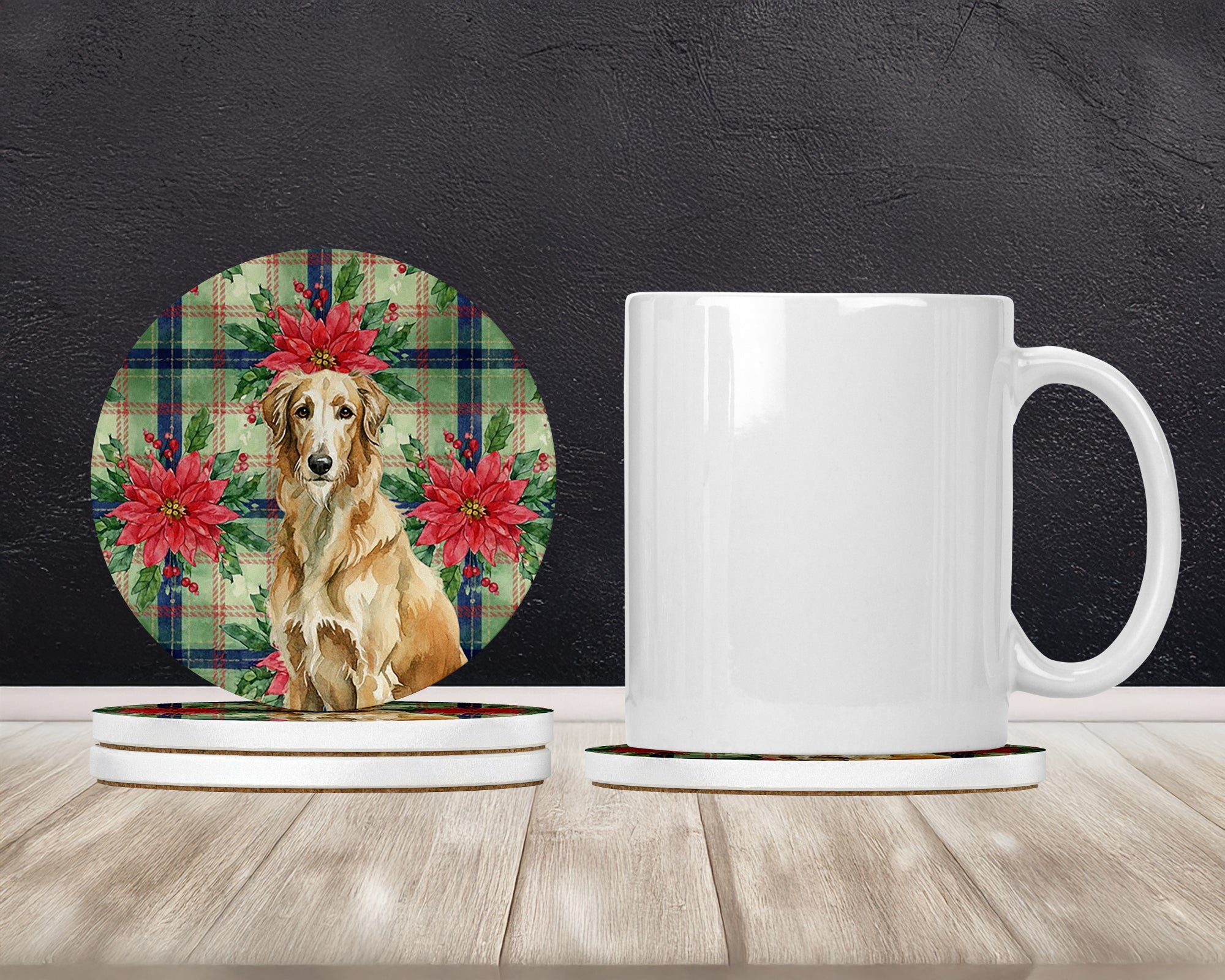 Wheaten Scottish Deerhound Christmas PoinsettIas Large Sandstone Coasters Pack of 4 Absorbent Round Coasters Decor Gifts for Men or Women, 4 in, Multicolor