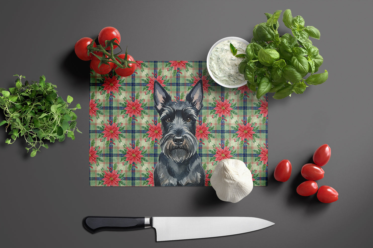 Scottish Terrier Christmas PoinsettIas Cutting Board Tempered Glass Kitchen Cutting Surface, Heat Resistant Chopping, Non-Slip Feet, Food Prep & Serving