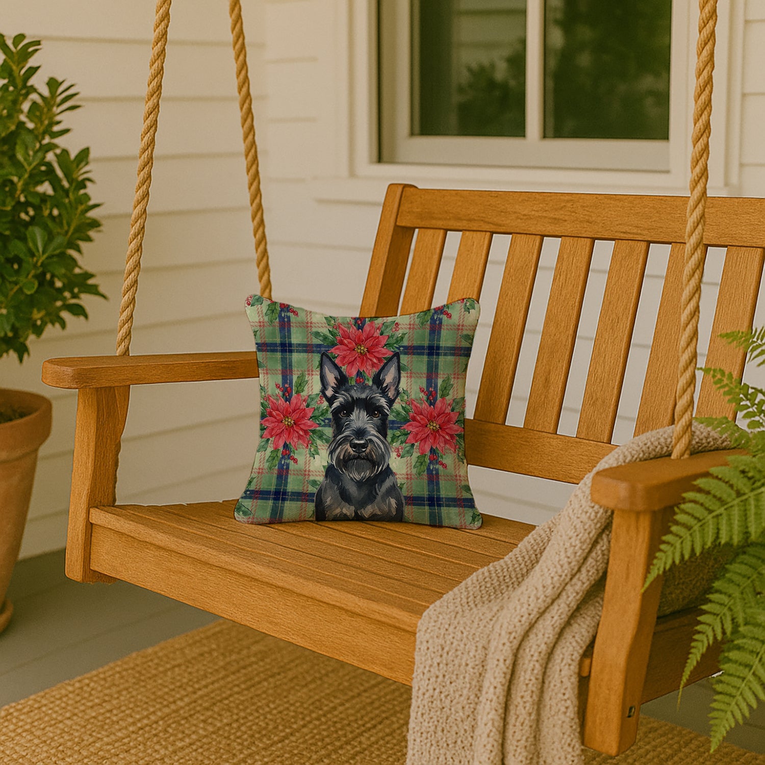 Scottish Terrier Christmas PoinsettIas Decorative Throw Pillow 14x14 Indoor Outdoor Accent Cushion, Fabric Cover with Insert for Sofa, Bed, Porch & Living Room