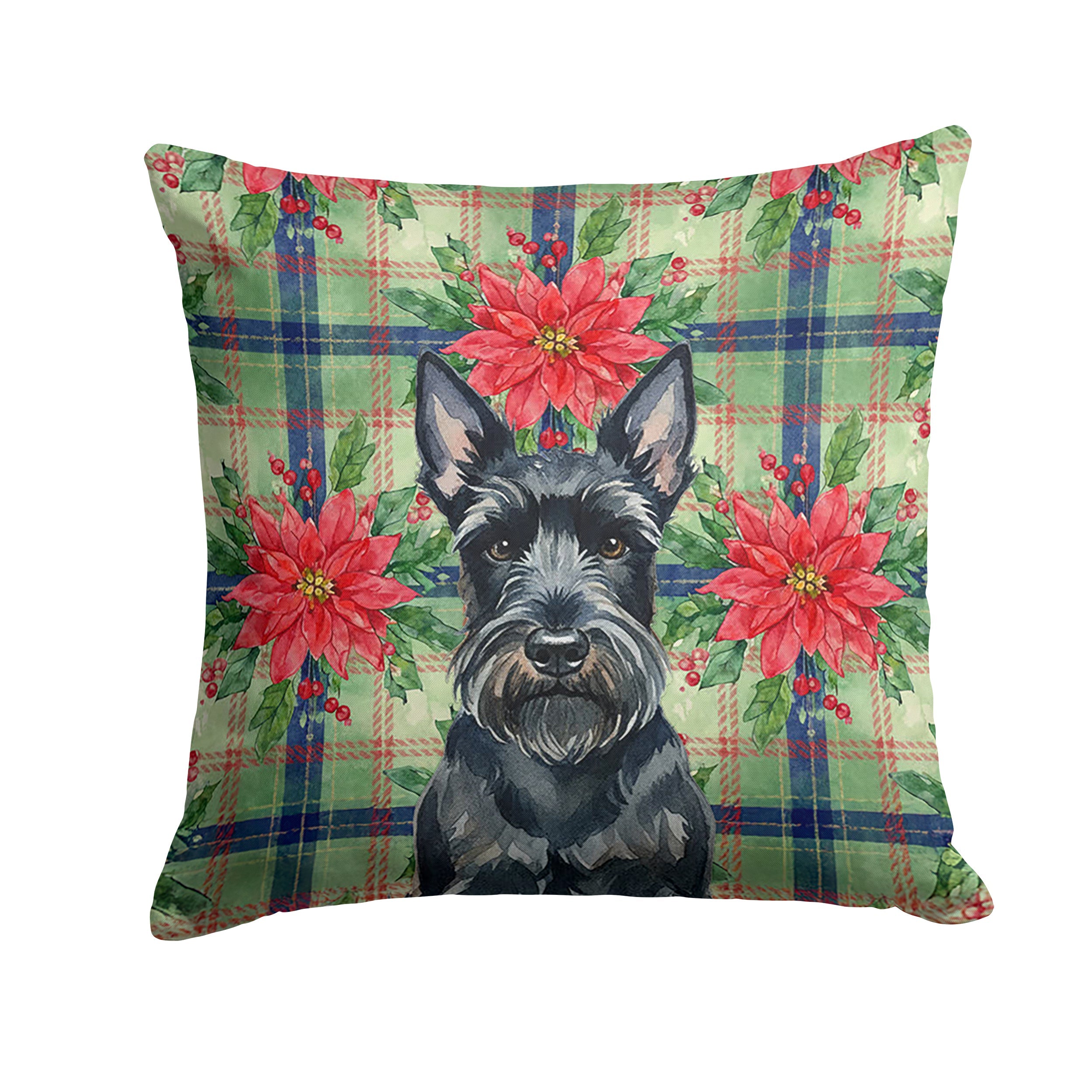 Scottish Terrier Christmas PoinsettIas Decorative Throw Pillow 18x18 Indoor Outdoor Accent Cushion, Fabric Cover with Insert for Sofa, Bed, Porch & Living Room