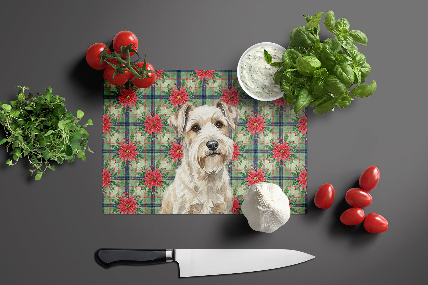 Sealyham Terrier Christmas PoinsettIas Cutting Board Tempered Glass Kitchen Cutting Surface, Heat Resistant Chopping, Non-Slip Feet, Food Prep & Serving