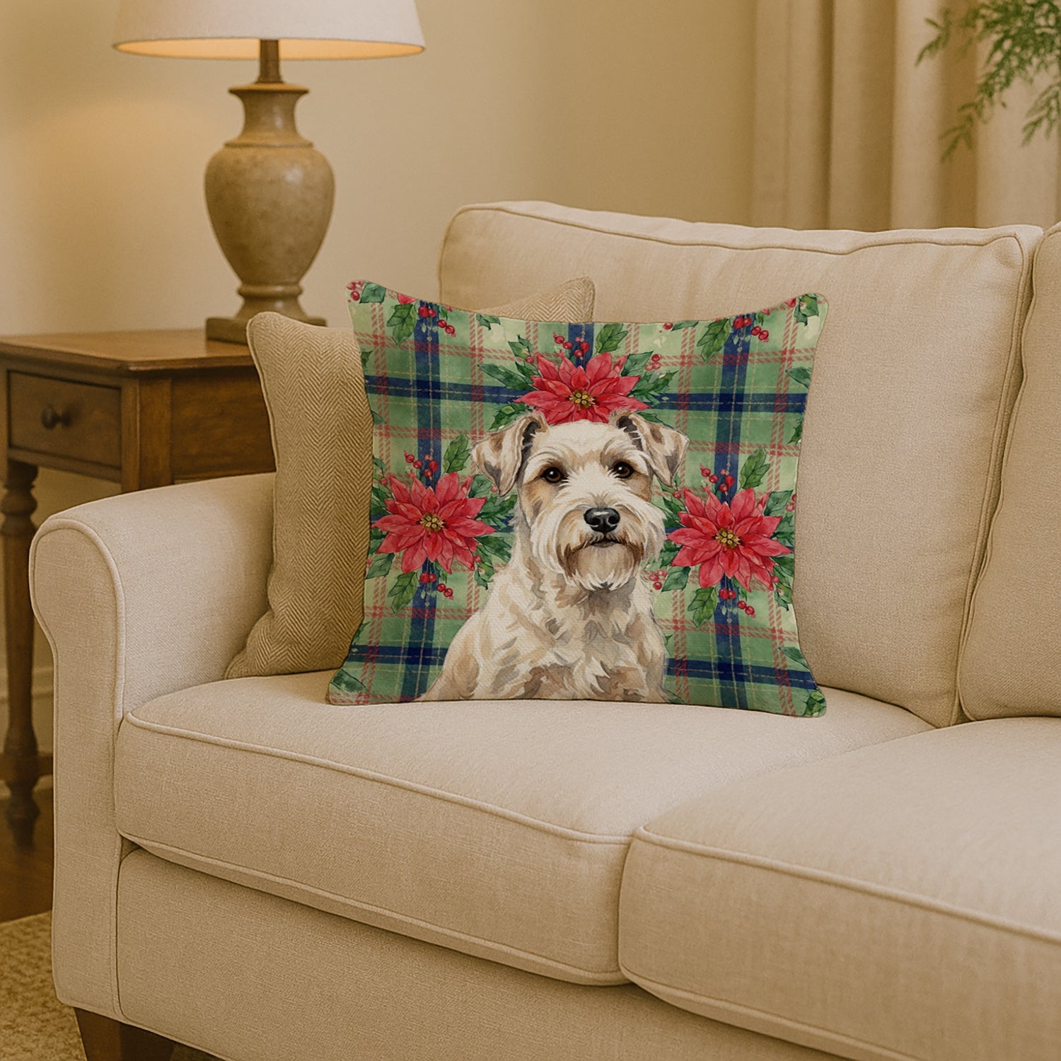 Sealyham Terrier Christmas PoinsettIas Decorative Throw Pillow 14x14 Indoor Outdoor Accent Cushion, Fabric Cover with Insert for Sofa, Bed, Porch & Living Room