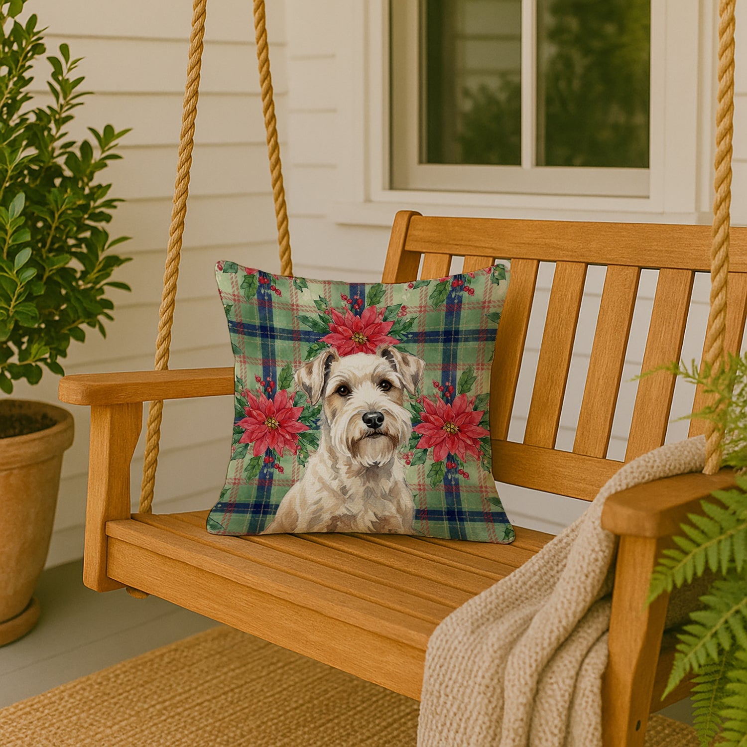 Sealyham Terrier Christmas PoinsettIas Decorative Throw Pillow 18x18 Indoor Outdoor Accent Cushion, Fabric Cover with Insert for Sofa, Bed, Porch & Living Room