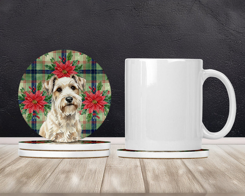 Sealyham Terrier Christmas PoinsettIas Large Sandstone Coasters Pack of 4 Absorbent Round Coasters Decor Gifts for Men or Women, 4 in, Multicolor