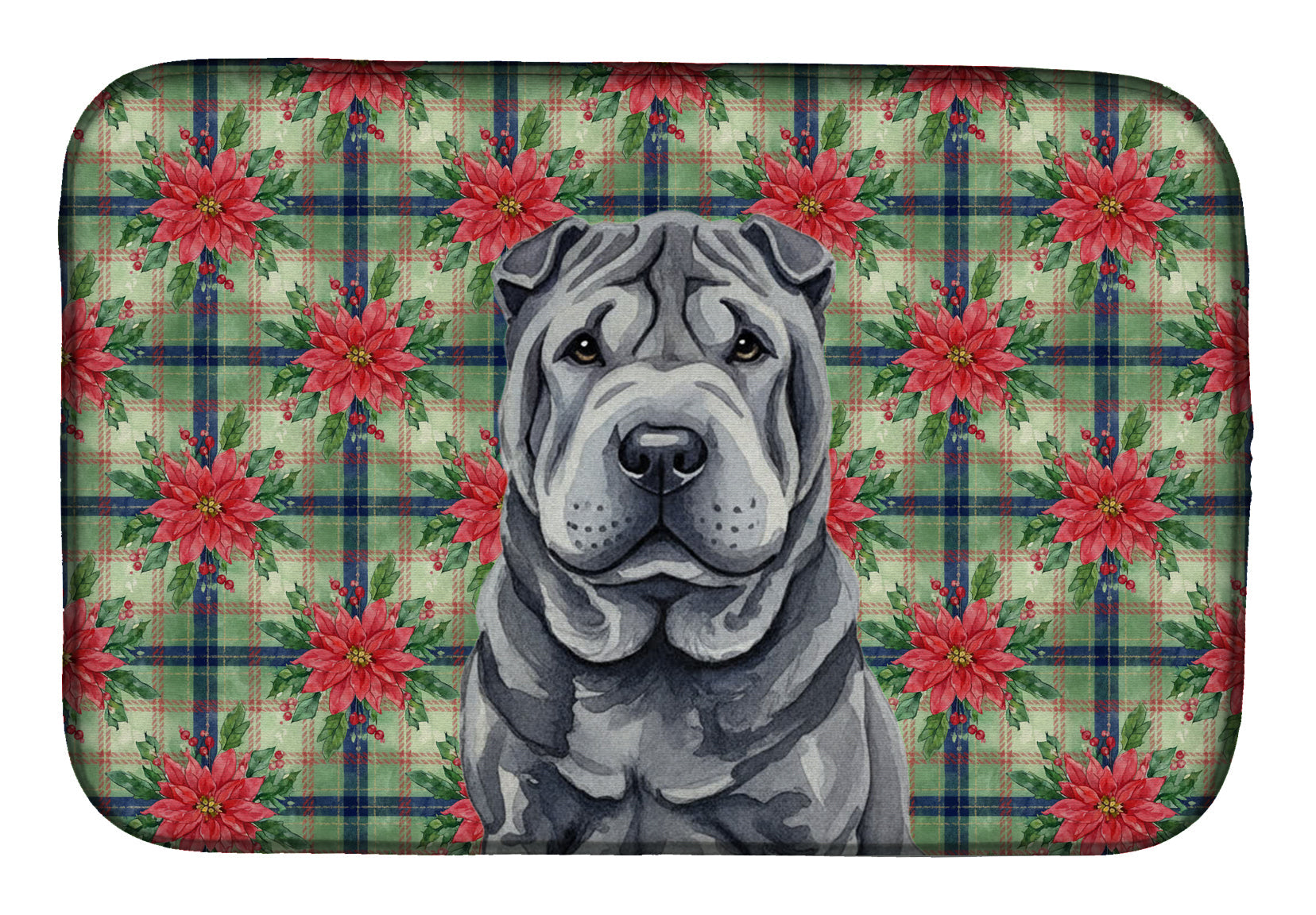 Black Shar Pei Christmas PoinsettIas Dish Drying Mat Absorbent Dish Drying Mat Pad for Kitchen Counter Dish Drainer Mat for Countertop, 14 x 21", Multicolor