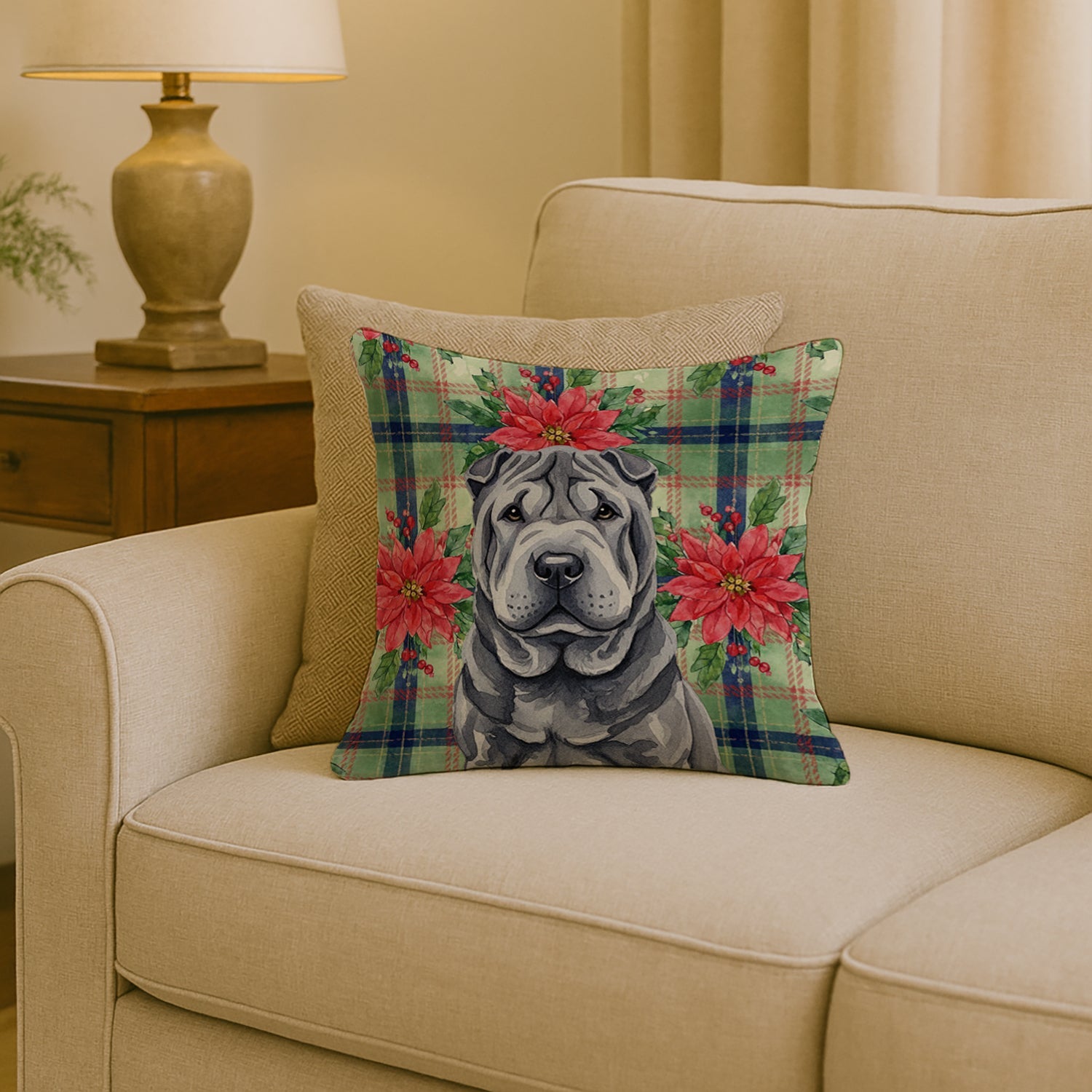 Black Shar Pei Christmas PoinsettIas Decorative Throw Pillow 18x18 Indoor Outdoor Accent Cushion, Fabric Cover with Insert for Sofa, Bed, Porch & Living Room