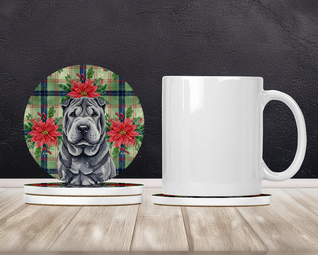 Black Shar Pei Christmas PoinsettIas Large Sandstone Coasters Pack of 4 Absorbent Round Coasters Decor Gifts for Men or Women, 4 in, Multicolor