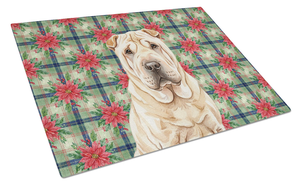 Shar Pei Christmas PoinsettIas Cutting Board Tempered Glass Kitchen Cutting Surface, Heat Resistant Chopping, Non-Slip Feet, Food Prep & Serving