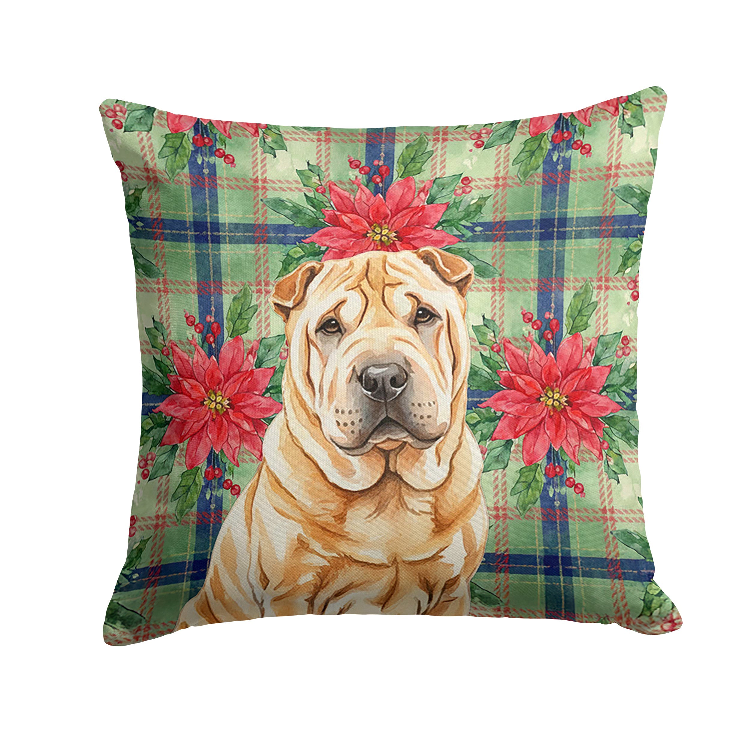 Red Shar Pei Christmas PoinsettIas Decorative Throw Pillow 18x18 Indoor Outdoor Accent Cushion, Fabric Cover with Insert for Sofa, Bed, Porch & Living Room