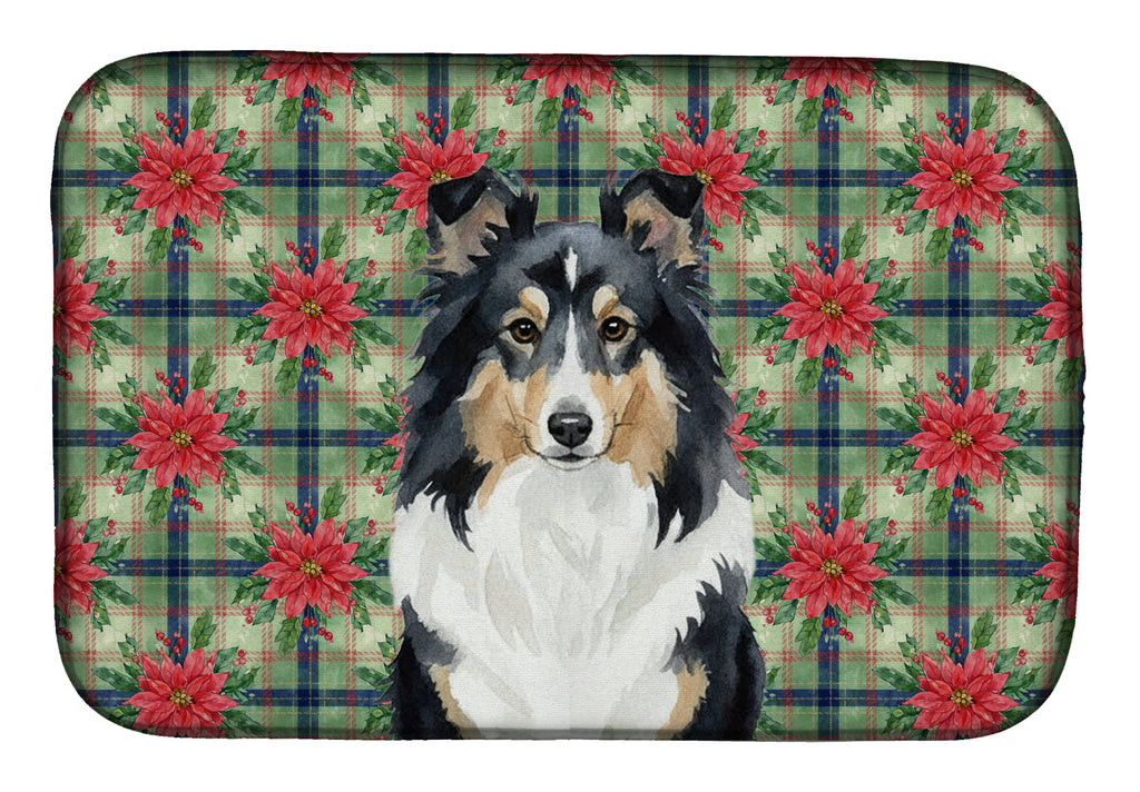 Tricolor Sheltie Christmas PoinsettIas Dish Drying Mat Absorbent Dish Drying Mat Pad for Kitchen Counter Dish Drainer Mat for Countertop, 14 x 21", Multicolor