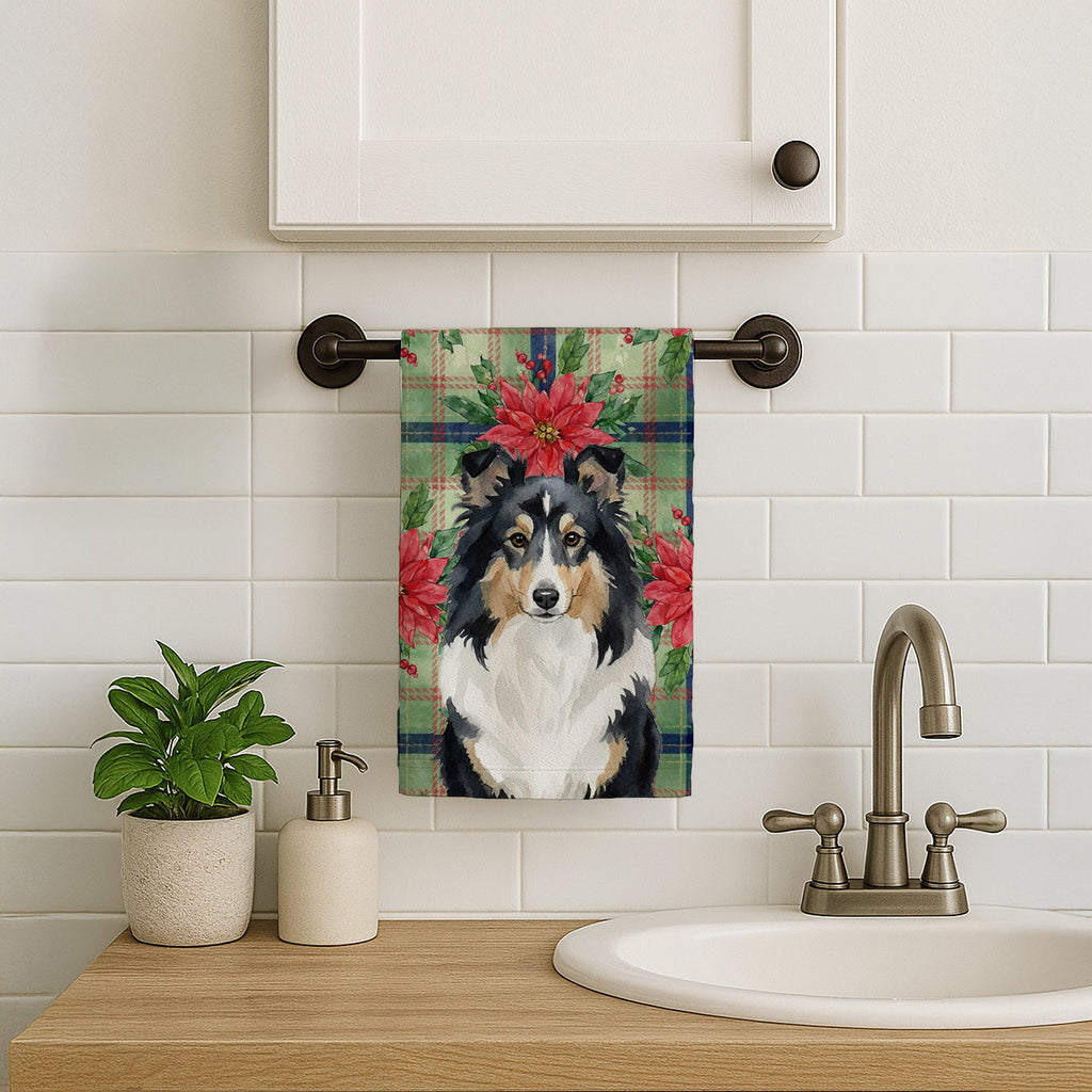 Tricolor Sheltie Christmas PoinsettIas Kitchen Towel Velour Plush Front and Cotton Loop Back Machine Washable