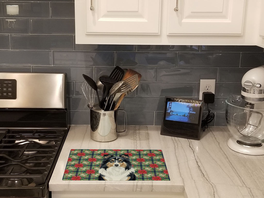 Tricolor Sheltie Christmas PoinsettIas Cutting Board Tempered Glass Kitchen Cutting Surface, Heat Resistant Chopping, Non-Slip Feet, Food Prep & Serving
