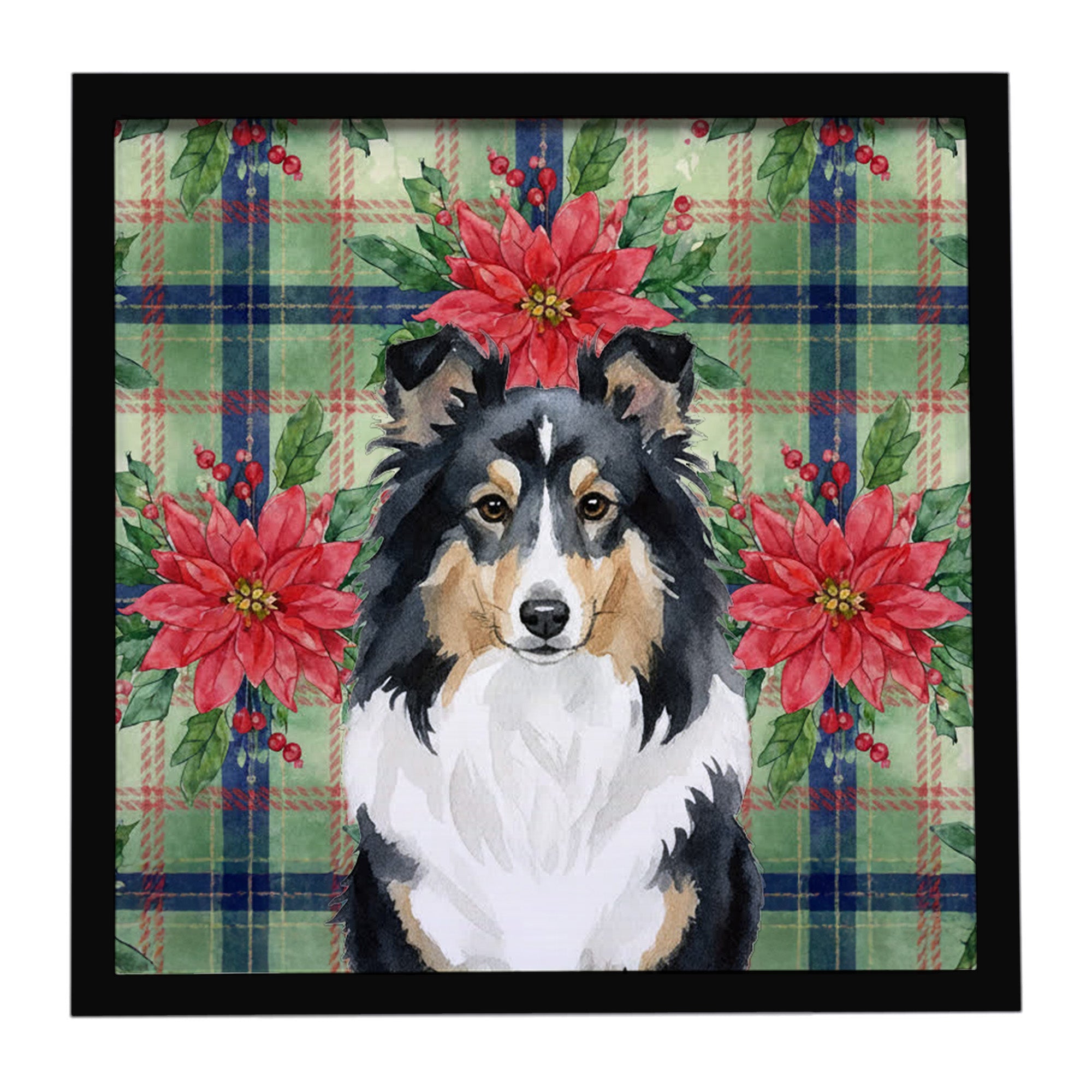 Tricolor Sheltie Christmas PoinsettIas Framed Metal Print Bathroom, Kitchen, Office, Home Decor Wall Art Ready to Hang, Square, 8X8