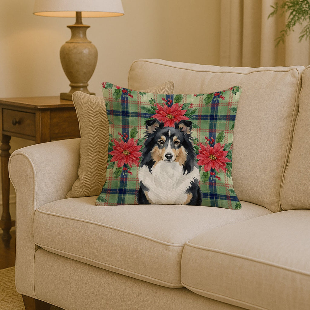 Tricolor Sheltie Christmas PoinsettIas Decorative Throw Pillow 14x14 Indoor Outdoor Accent Cushion, Fabric Cover with Insert for Sofa, Bed, Porch & Living Room