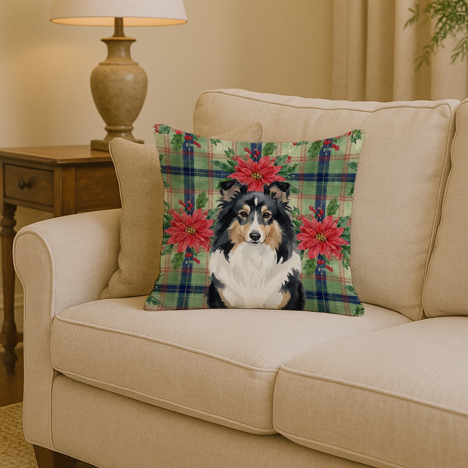 Tricolor Sheltie Christmas PoinsettIas Decorative Throw Pillow 14x14 Indoor Outdoor Accent Cushion, Fabric Cover with Insert for Sofa, Bed, Porch & Living Room
