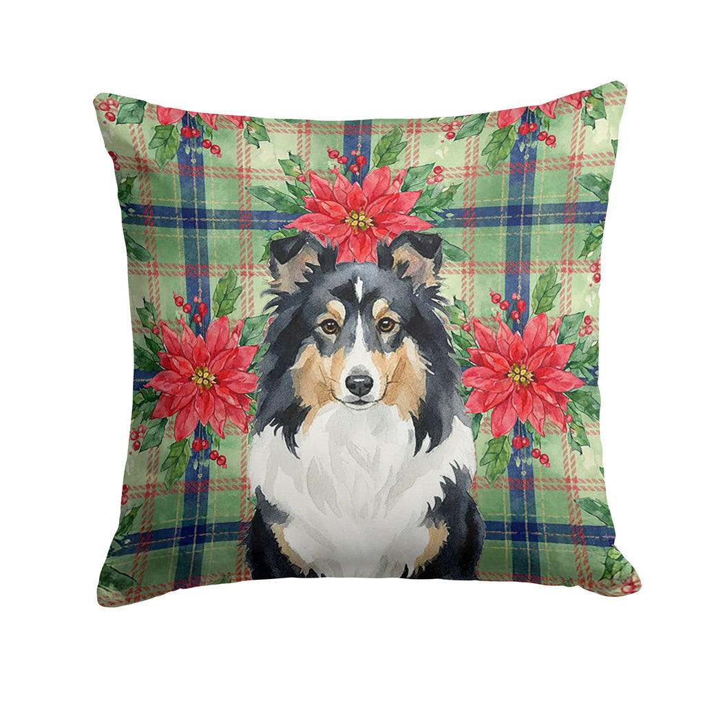 Tricolor Sheltie Christmas PoinsettIas Decorative Throw Pillow 18x18 Indoor Outdoor Accent Cushion, Fabric Cover with Insert for Sofa, Bed, Porch & Living Room
