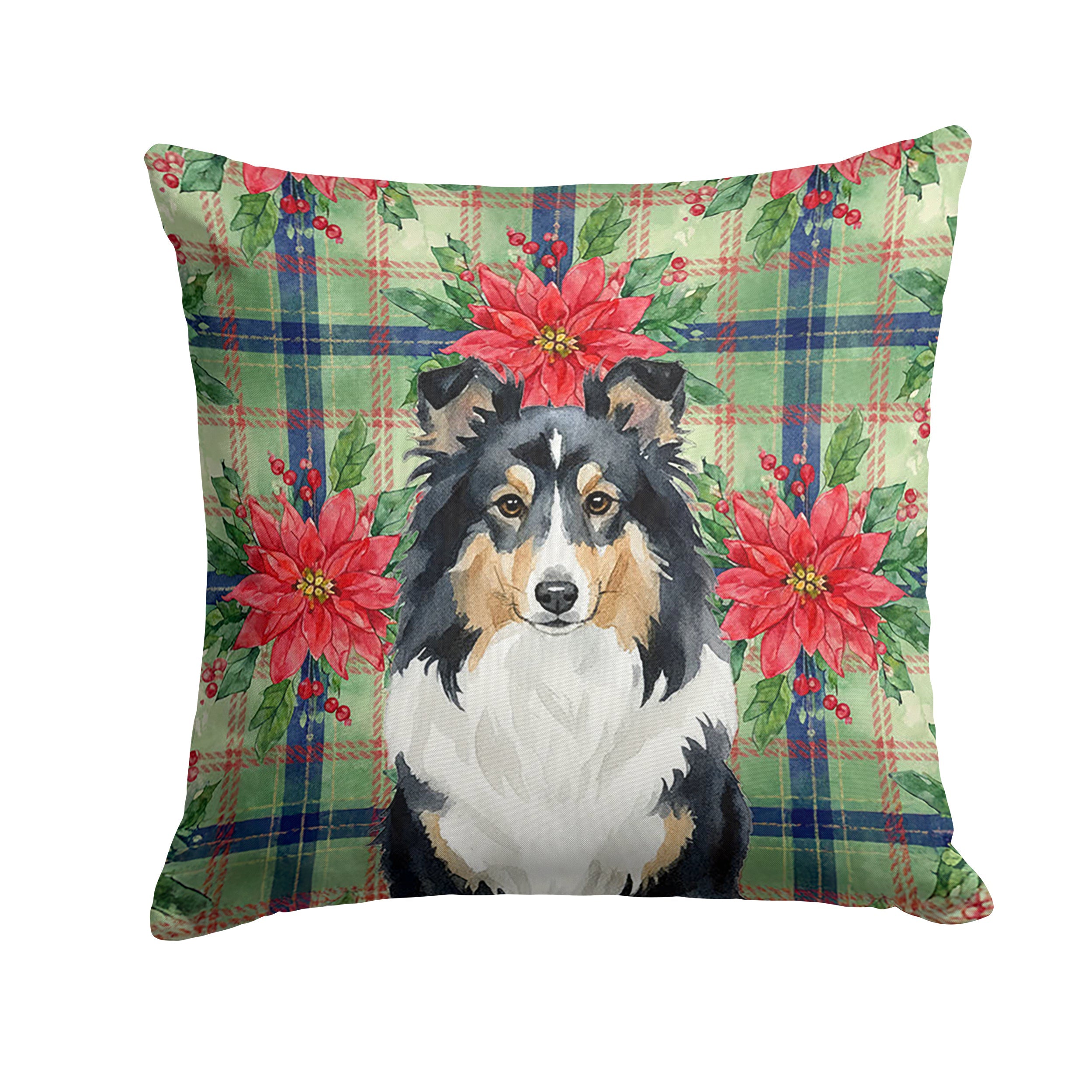 Tricolor Sheltie Christmas PoinsettIas Decorative Throw Pillow 18x18 Indoor Outdoor Accent Cushion, Fabric Cover with Insert for Sofa, Bed, Porch & Living Room