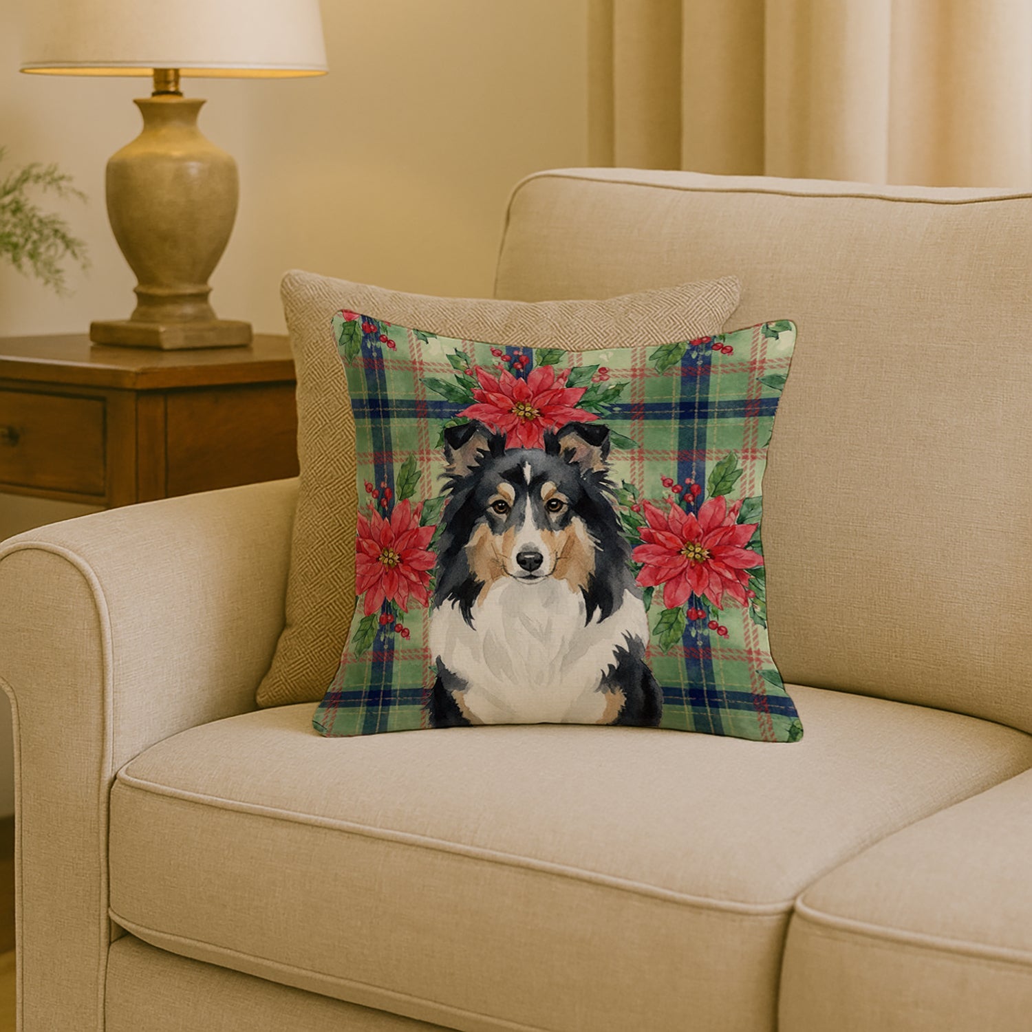 Tricolor Sheltie Christmas PoinsettIas Decorative Throw Pillow 18x18 Indoor Outdoor Accent Cushion, Fabric Cover with Insert for Sofa, Bed, Porch & Living Room