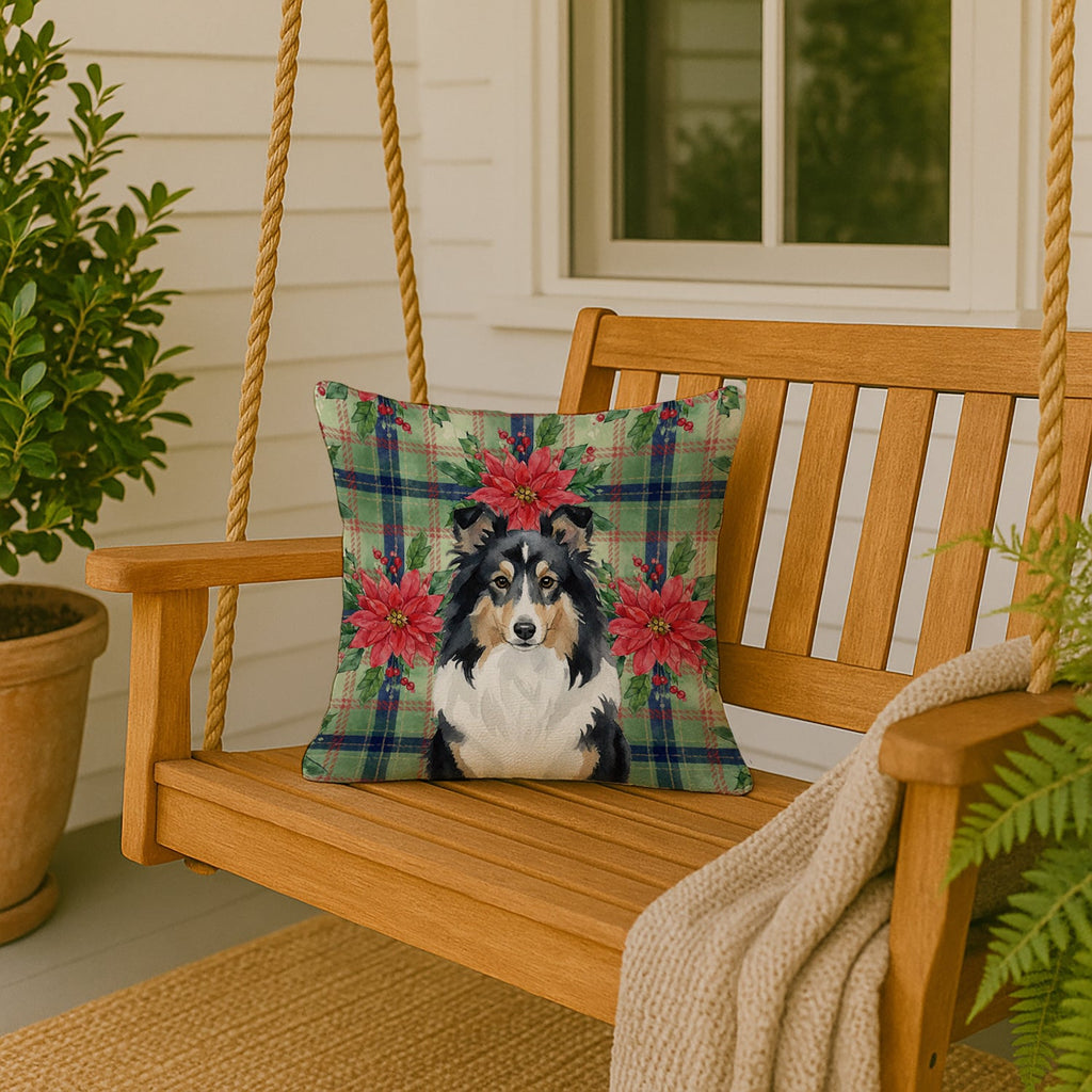 Tricolor Sheltie Christmas PoinsettIas Decorative Throw Pillow 18x18 Indoor Outdoor Accent Cushion, Fabric Cover with Insert for Sofa, Bed, Porch & Living Room